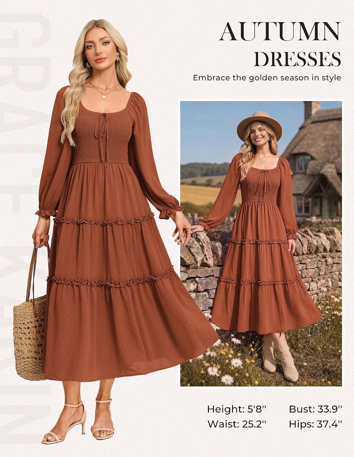 image:imageGRACE KARIN Womens Boho Fall Long Sleeve Floral Maxi Dress PocketsFlowy A Line Square Neck Smocked Long Dresses CasualVacationWedding GuestFashion ClothingBrick Red