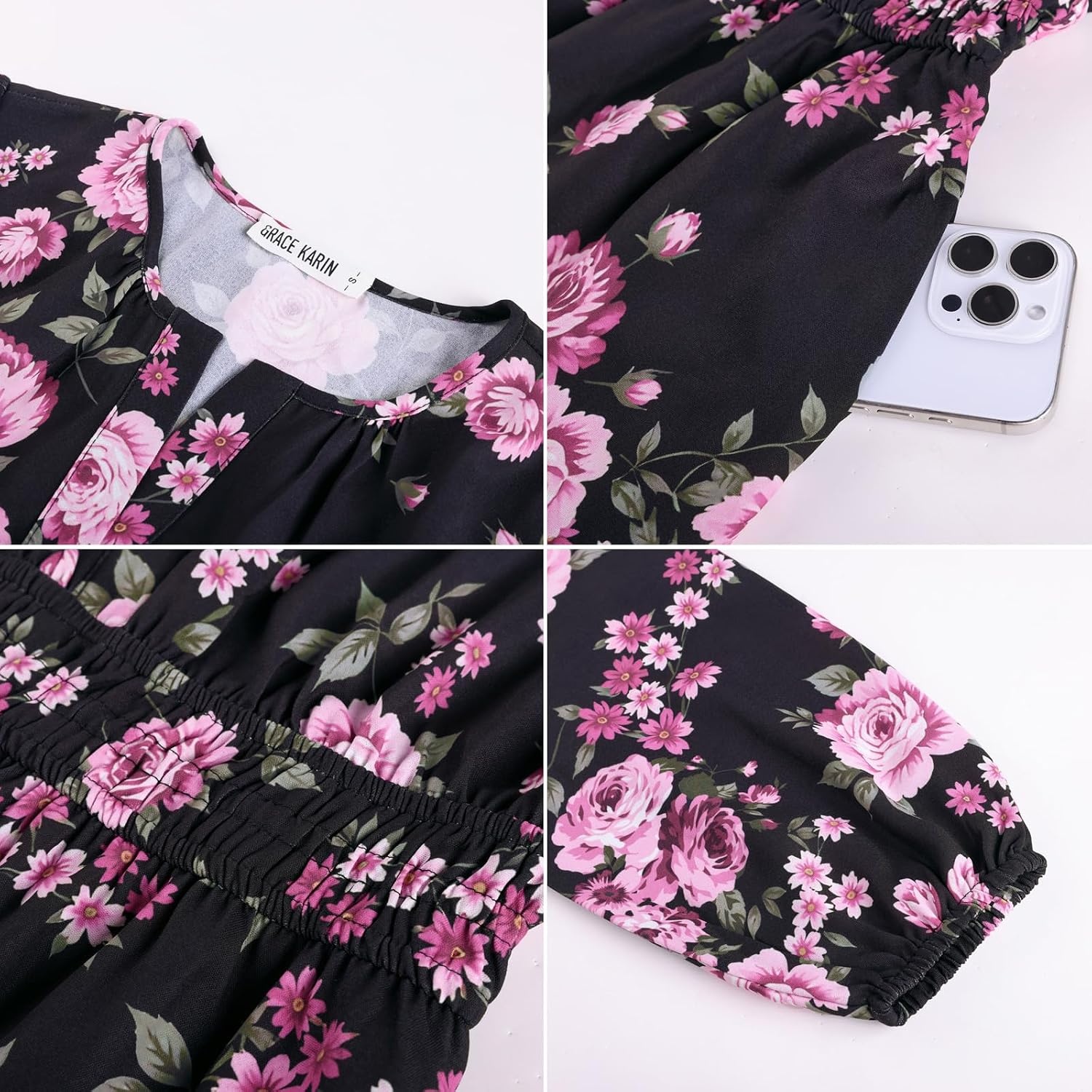image:imageGRACE KARIN Womens Fall Long Sleeve Maxi Dress 2026 FloralV Neck Boho A Line FlowyPocketsFall Outfits for CasualWedding GuestVacationTravelDateBlack and Pink Floral