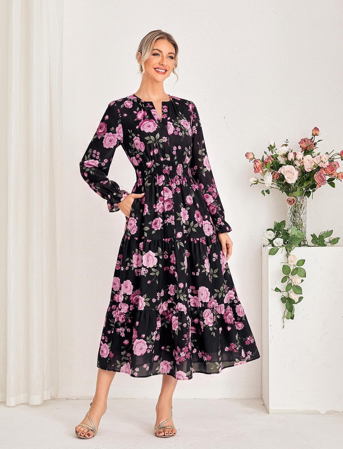 image:imageGRACE KARIN Womens Fall Long Sleeve Maxi Dress 2026 FloralV Neck Boho A Line FlowyPocketsFall Outfits for CasualWedding GuestVacationTravelDateBlack and Pink Floral