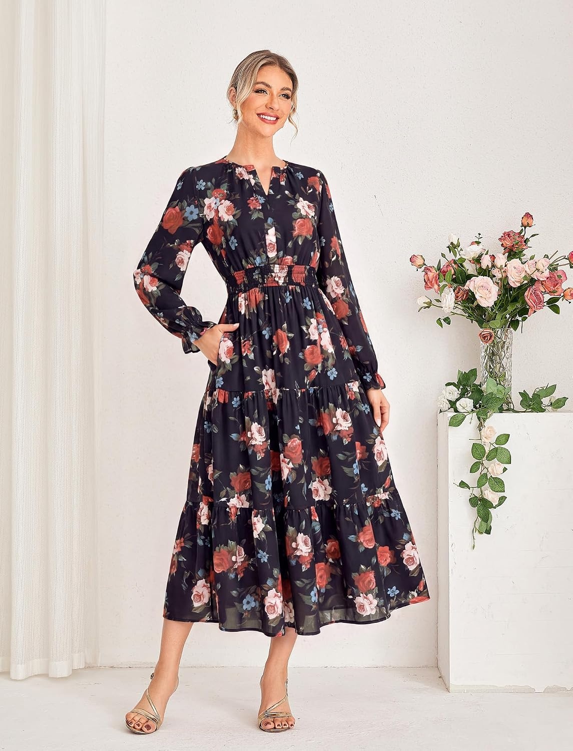 image:imageGRACE KARIN Womens Fall Long Sleeve Maxi Dress 2026 FloralV Neck Boho A Line FlowyPocketsFall Outfits for CasualWedding GuestVacationTravelDateBlack and Red Floral