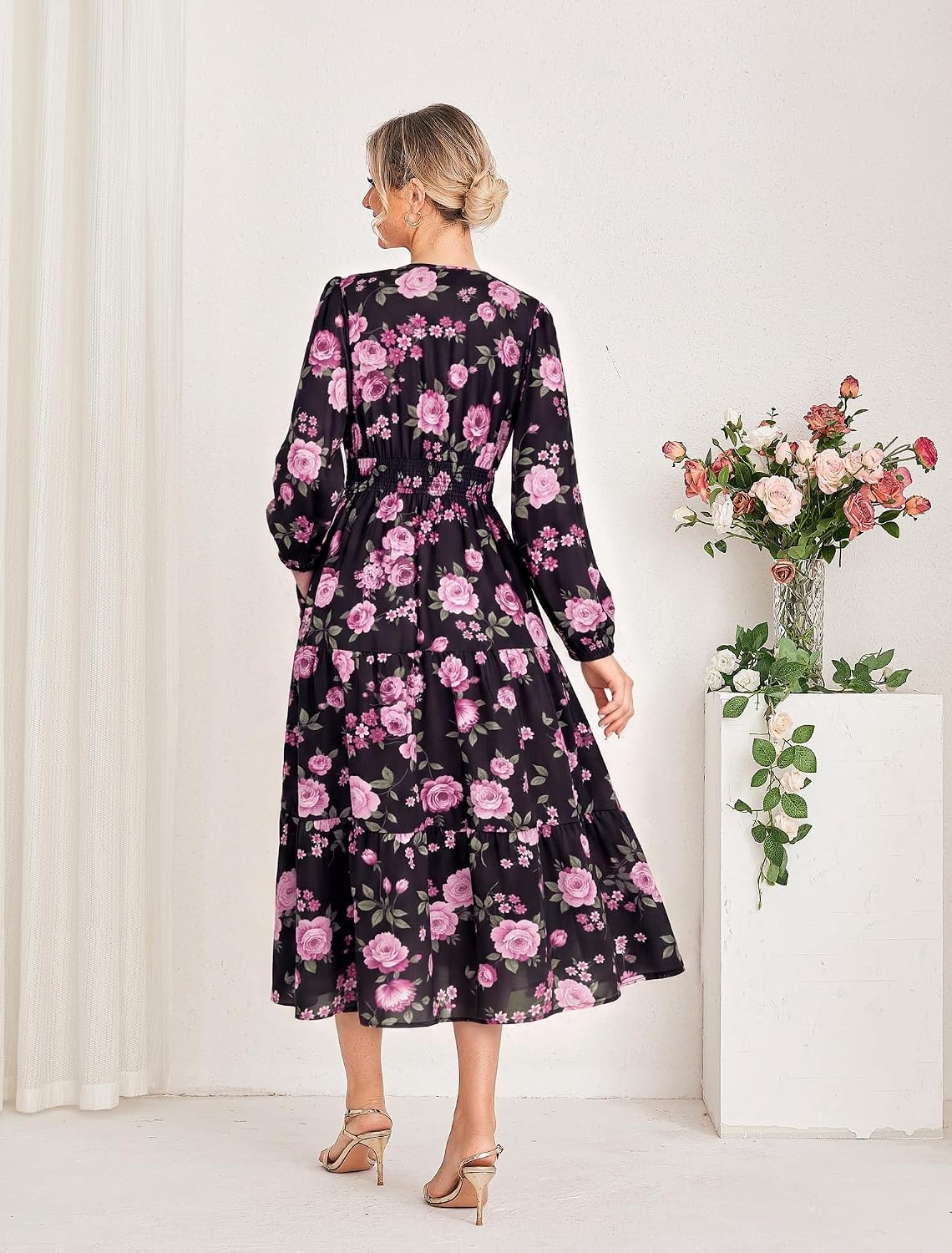 image:imageGRACE KARIN Womens Fall Long Sleeve Maxi Dress 2026 FloralV Neck Boho A Line FlowyPocketsFall Outfits for CasualWedding GuestVacationTravelDateBlack and Pink Floral