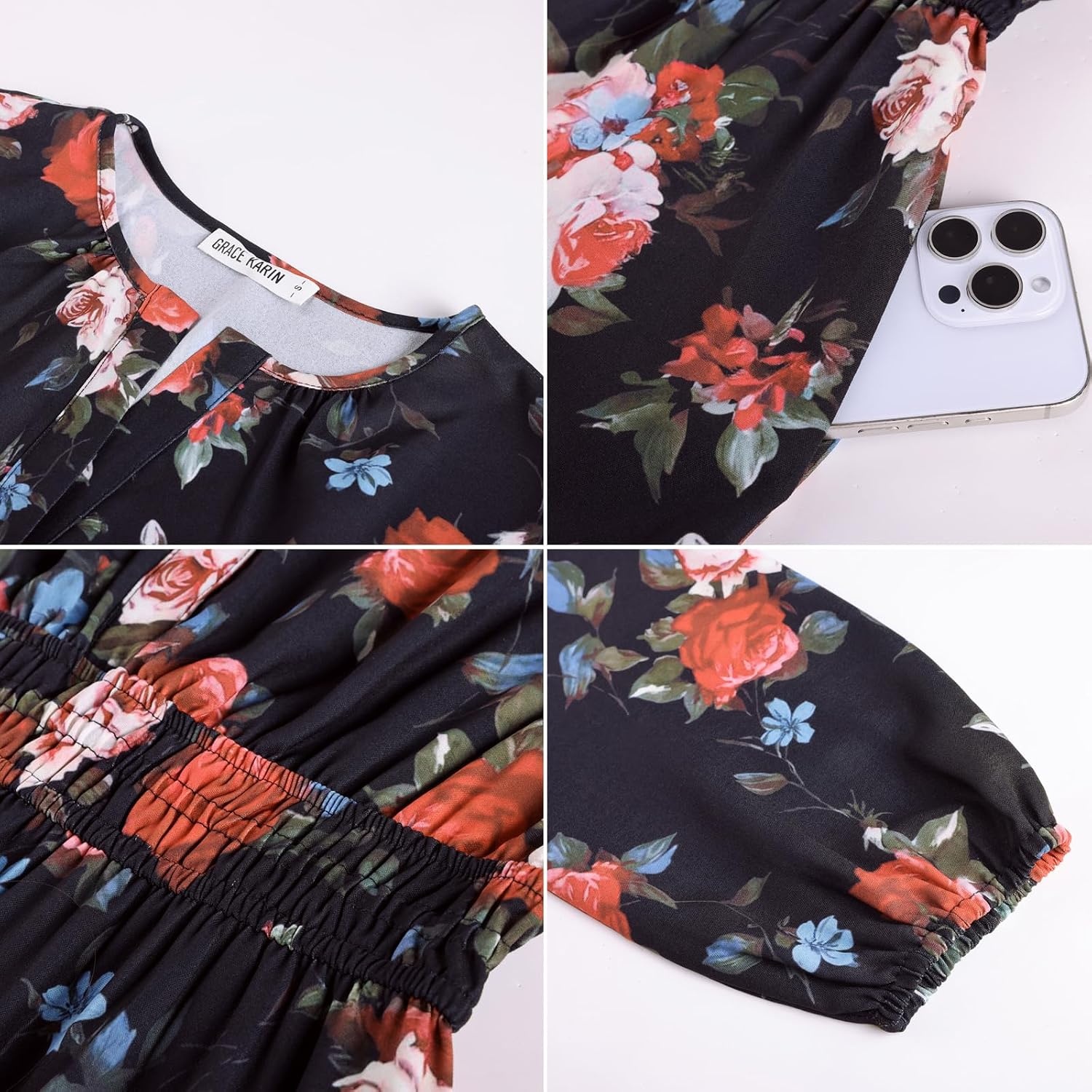 image:imageGRACE KARIN Womens Fall Long Sleeve Maxi Dress 2026 FloralV Neck Boho A Line FlowyPocketsFall Outfits for CasualWedding GuestVacationTravelDateBlack and Red Floral