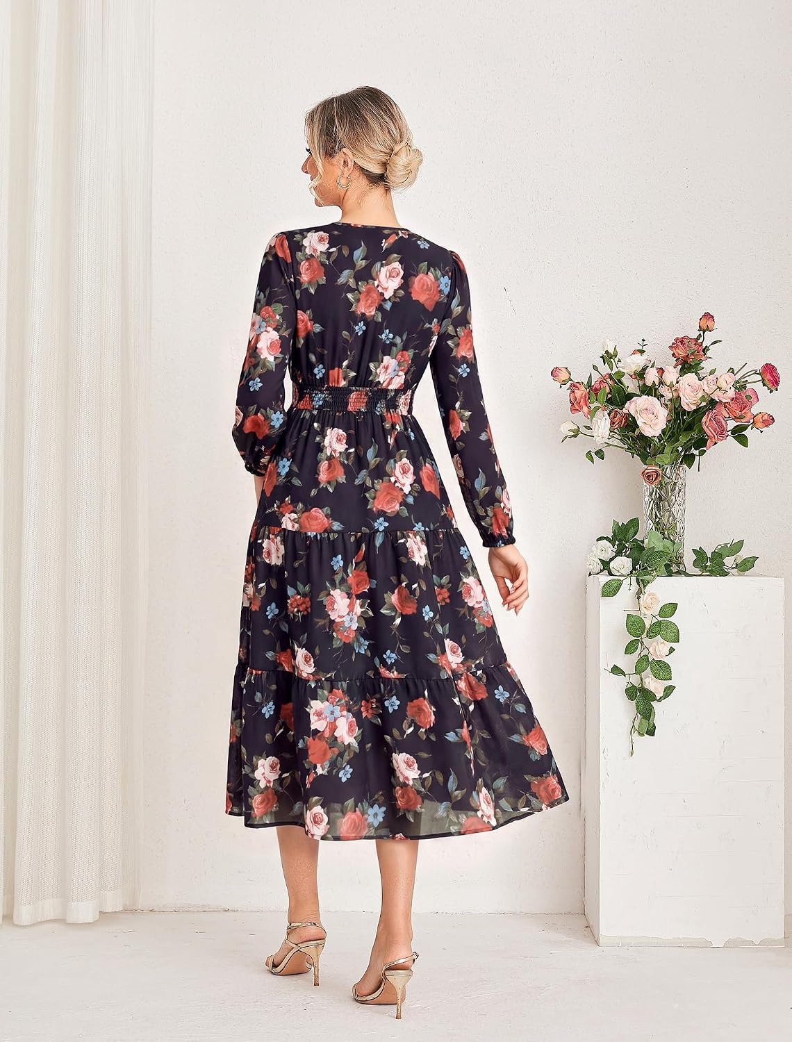 image:imageGRACE KARIN Womens Fall Long Sleeve Maxi Dress 2026 FloralV Neck Boho A Line FlowyPocketsFall Outfits for CasualWedding GuestVacationTravelDateBlack and Red Floral