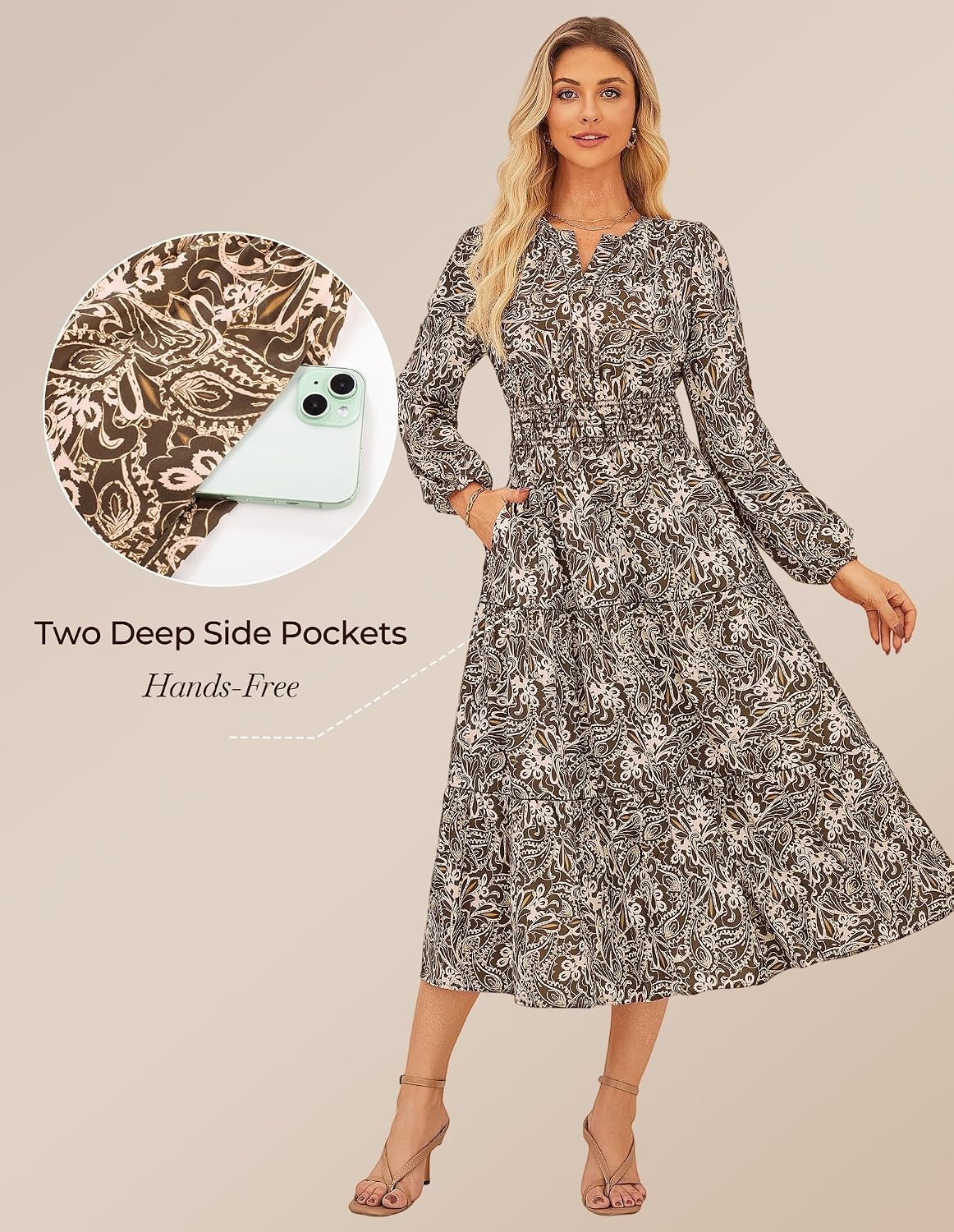 image:imageGRACE KARIN Womens Fall Long Sleeve Maxi Dress 2026 FloralV Neck Boho A Line FlowyPocketsFall Outfits for CasualWedding GuestVacationTravelDateBrown