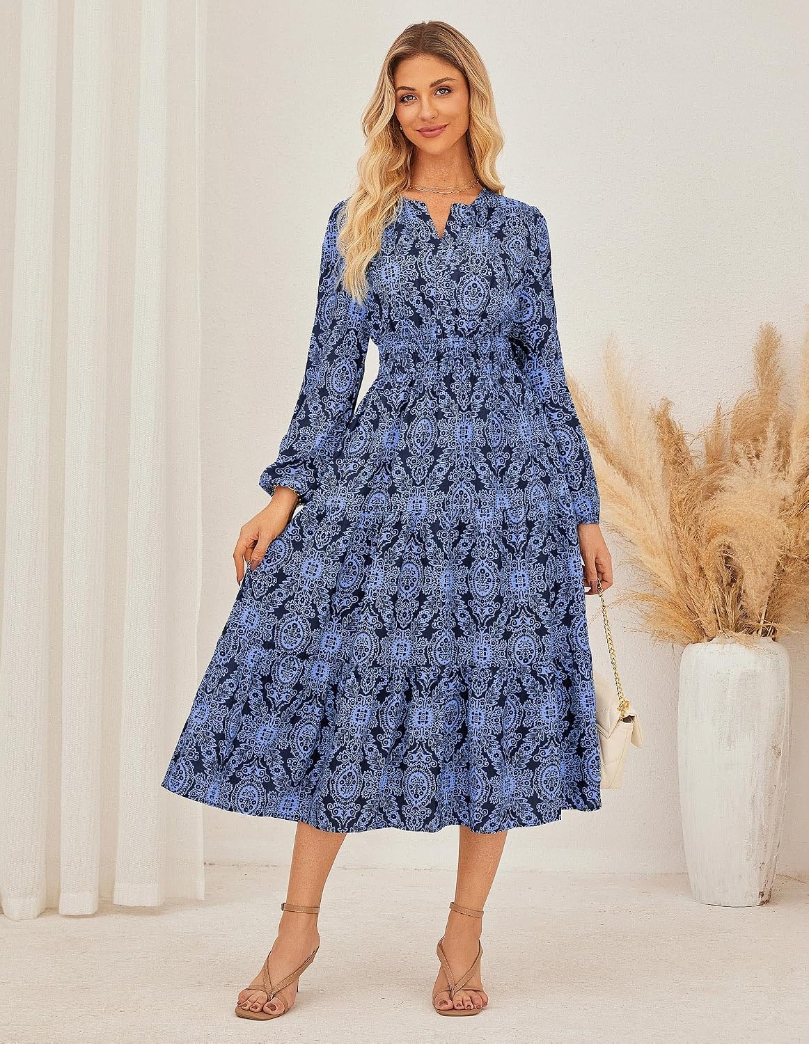 image:imageGRACE KARIN Womens Fall Long Sleeve Maxi Dress 2026 FloralV Neck Boho A Line FlowyPocketsFall Outfits for CasualWedding GuestVacationTravelDateNavy Blue
