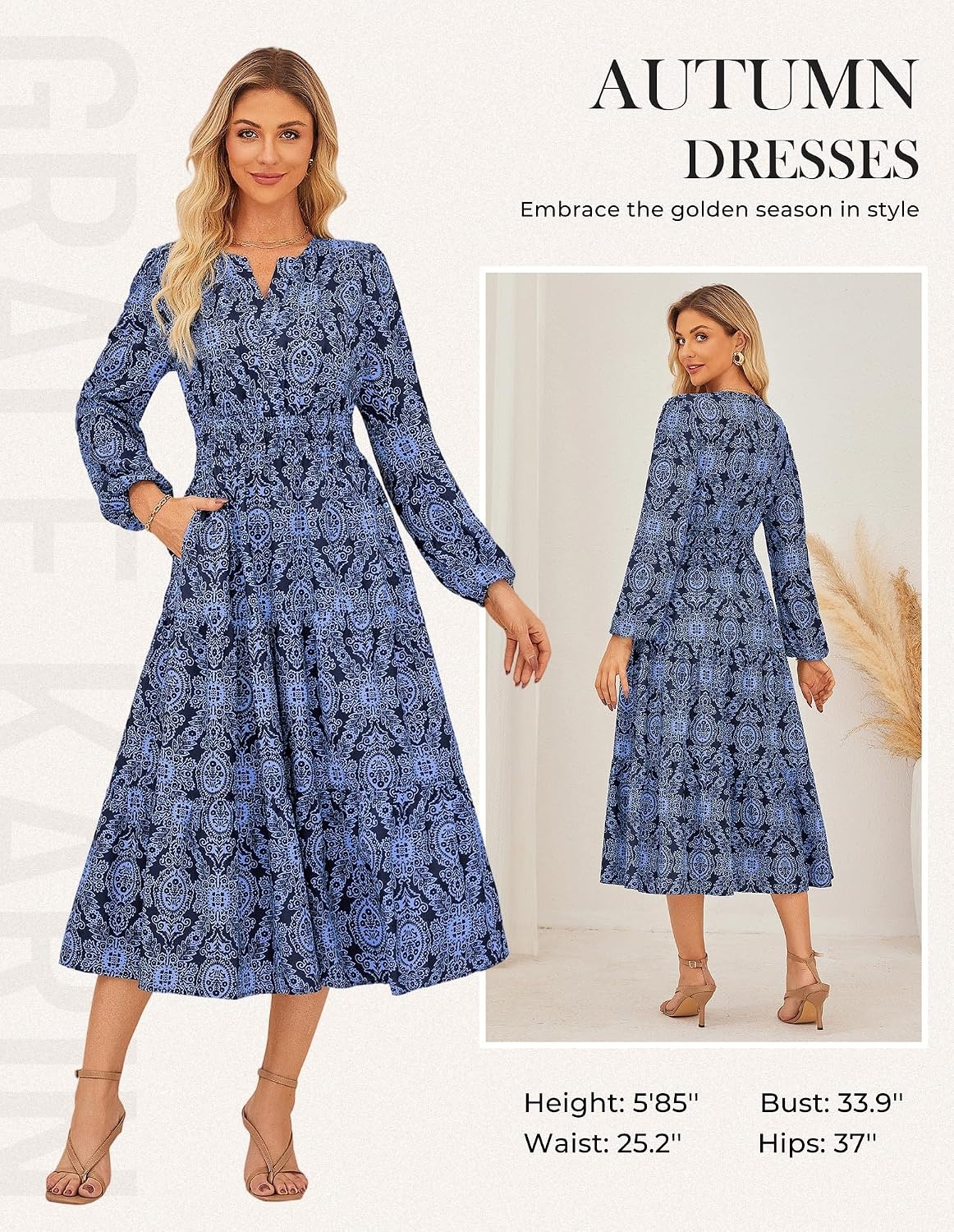 image:imageGRACE KARIN Womens Fall Long Sleeve Maxi Dress 2026 FloralV Neck Boho A Line FlowyPocketsFall Outfits for CasualWedding GuestVacationTravelDateNavy Blue