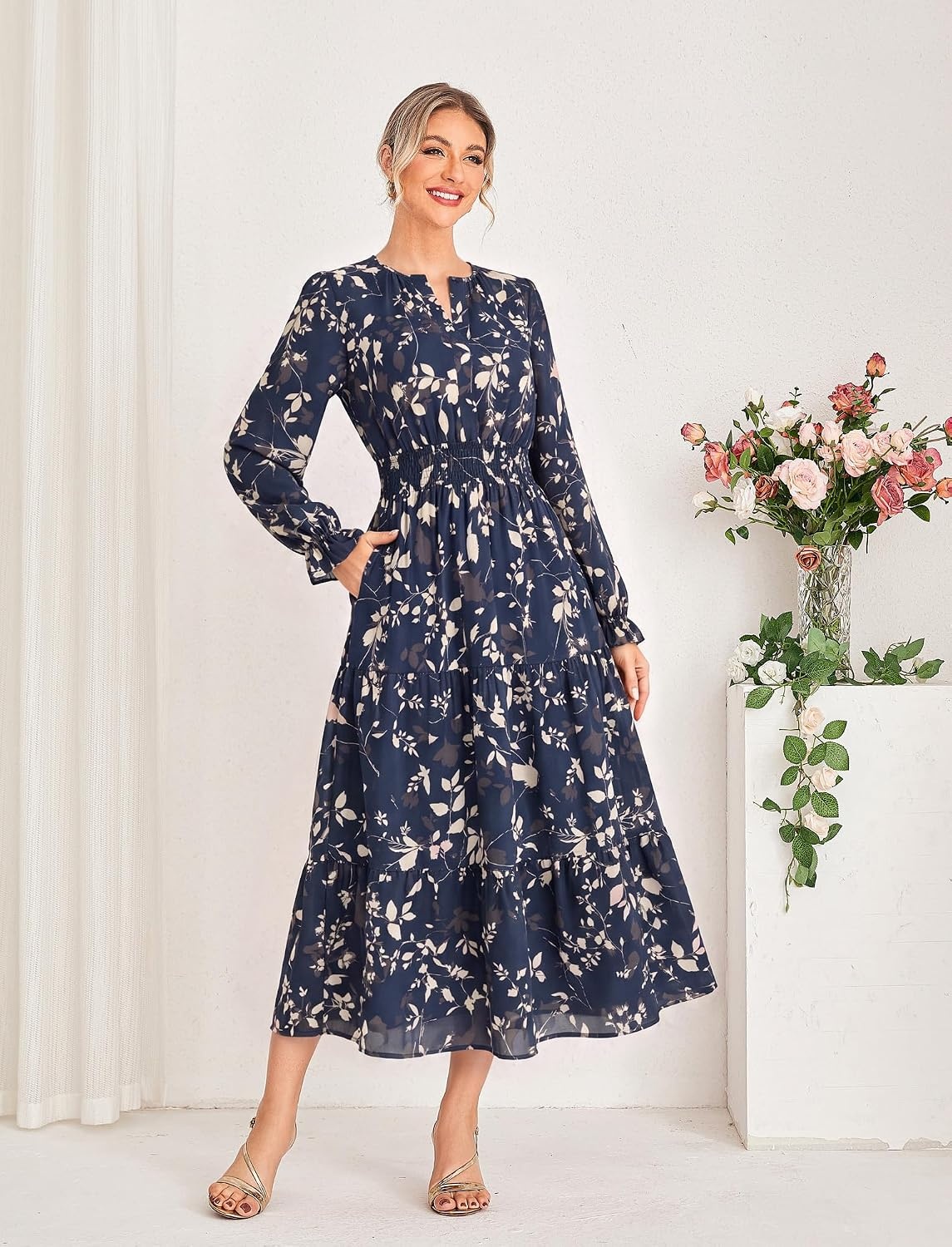image:imageGRACE KARIN Womens Fall Long Sleeve Maxi Dress 2026 FloralV Neck Boho A Line FlowyPocketsFall Outfits for CasualWedding GuestVacationTravelDateNavy Floral