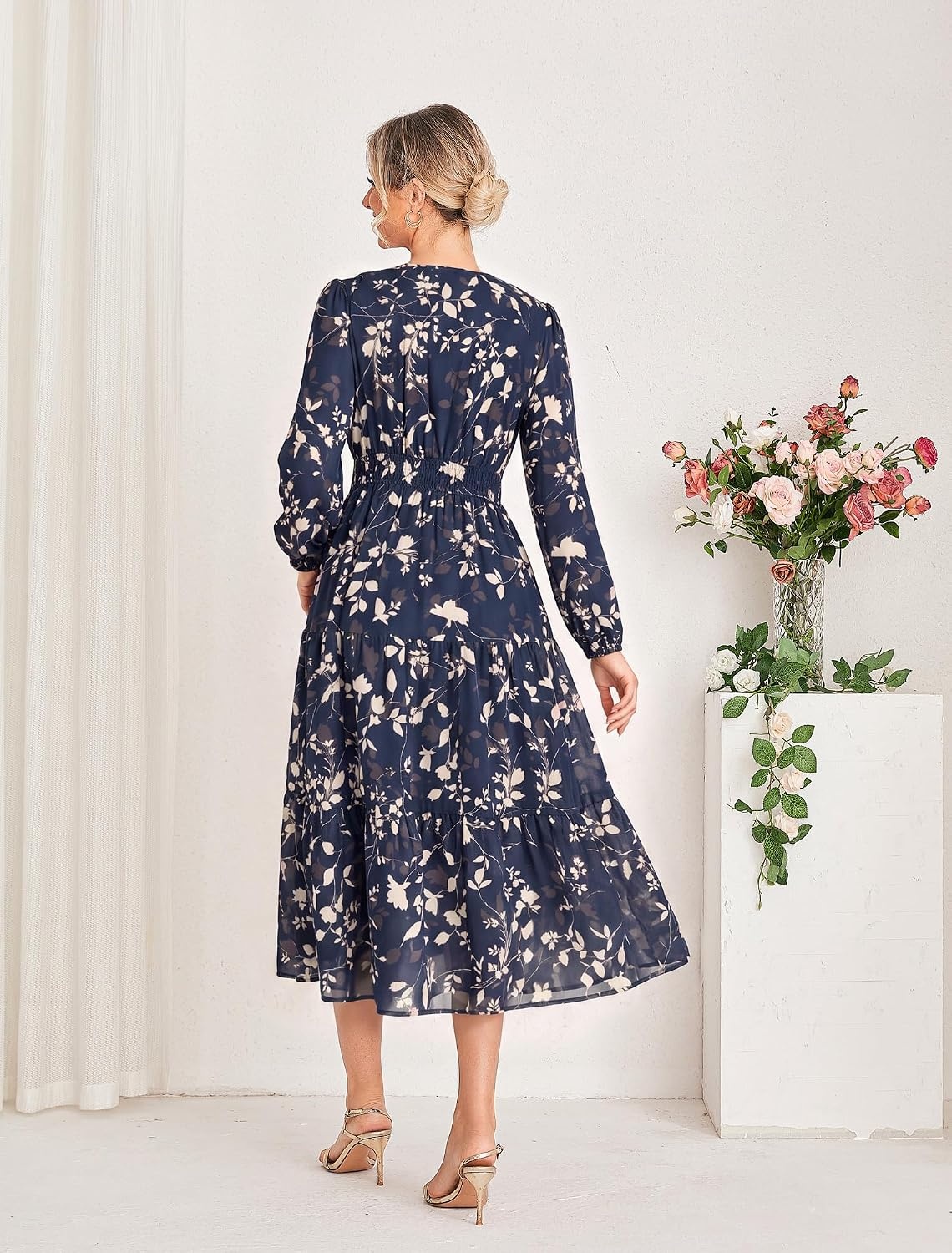 image:imageGRACE KARIN Womens Fall Long Sleeve Maxi Dress 2026 FloralV Neck Boho A Line FlowyPocketsFall Outfits for CasualWedding GuestVacationTravelDateNavy Floral