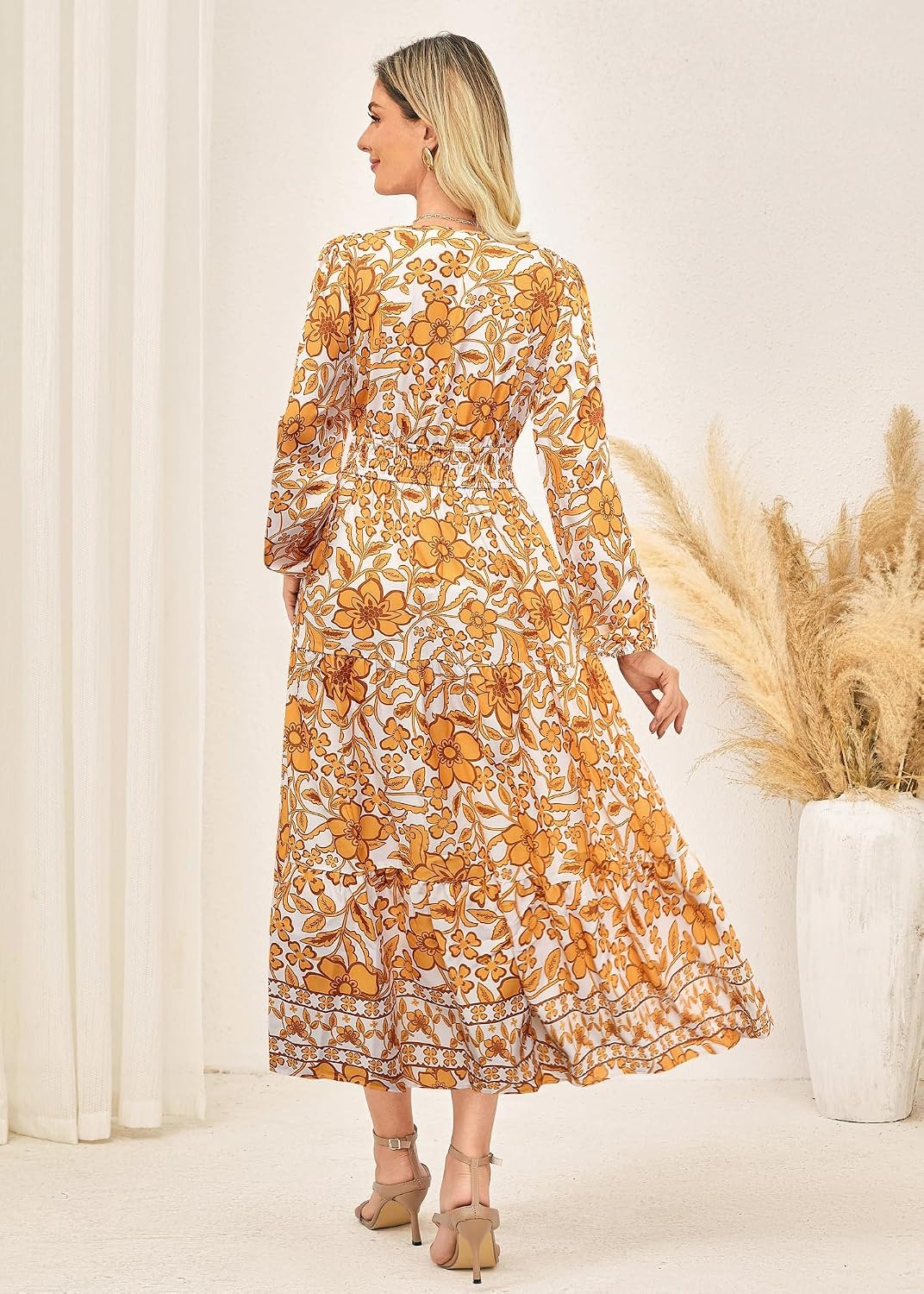 image:imageGRACE KARIN Womens Fall Long Sleeve Maxi Dress 2026 FloralV Neck Boho A Line FlowyPocketsFall Outfits for CasualWedding GuestVacationTravelDateOrange Floral