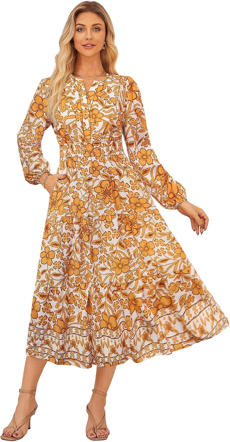 image:imageGRACE KARIN Womens Fall Long Sleeve Maxi Dress 2026 FloralV Neck Boho A Line FlowyPocketsFall Outfits for CasualWedding GuestVacationTravelDateOrange Floral