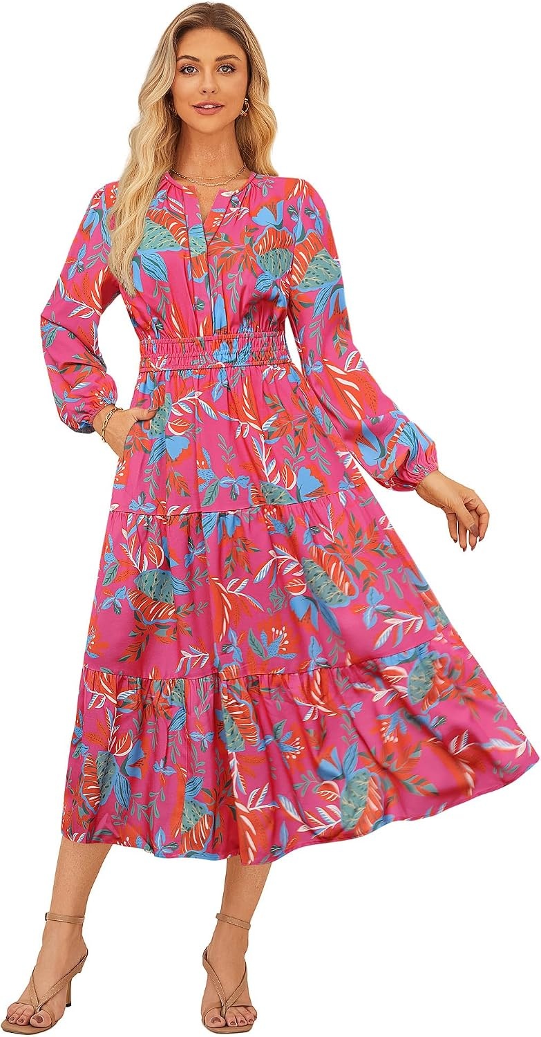 image:imageGRACE KARIN Womens Fall Long Sleeve Maxi Dress 2026 FloralV Neck Boho A Line FlowyPocketsFall Outfits for CasualWedding GuestVacationTravelDateRose Red Floral