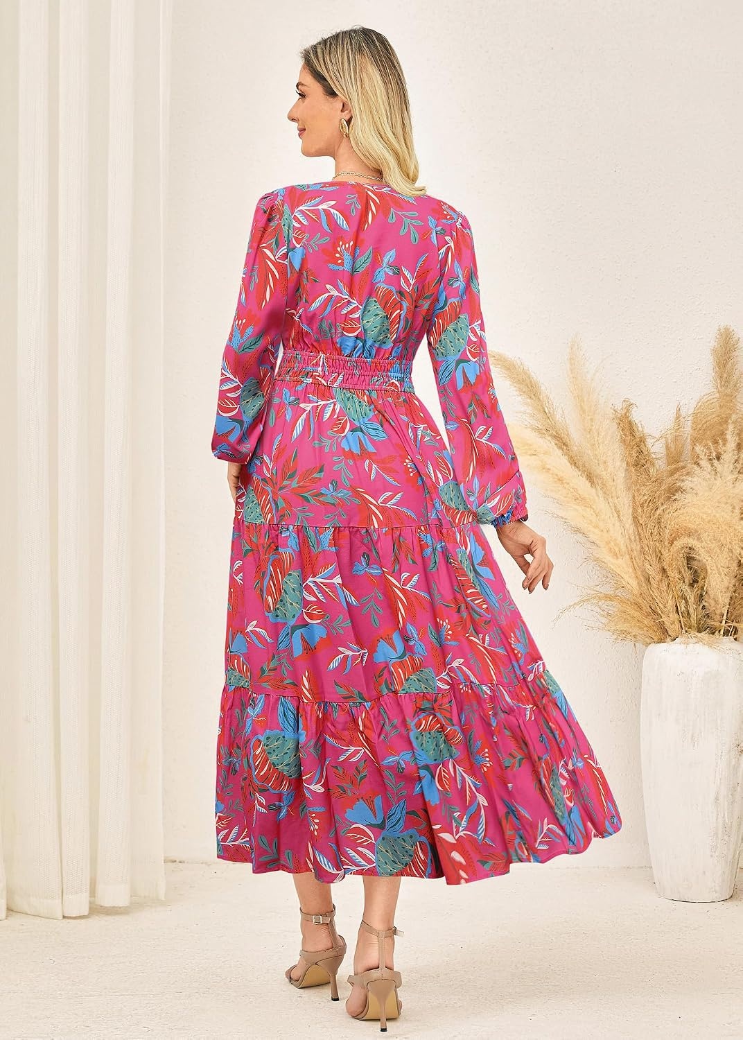image:imageGRACE KARIN Womens Fall Long Sleeve Maxi Dress 2026 FloralV Neck Boho A Line FlowyPocketsFall Outfits for CasualWedding GuestVacationTravelDateRose Red Floral