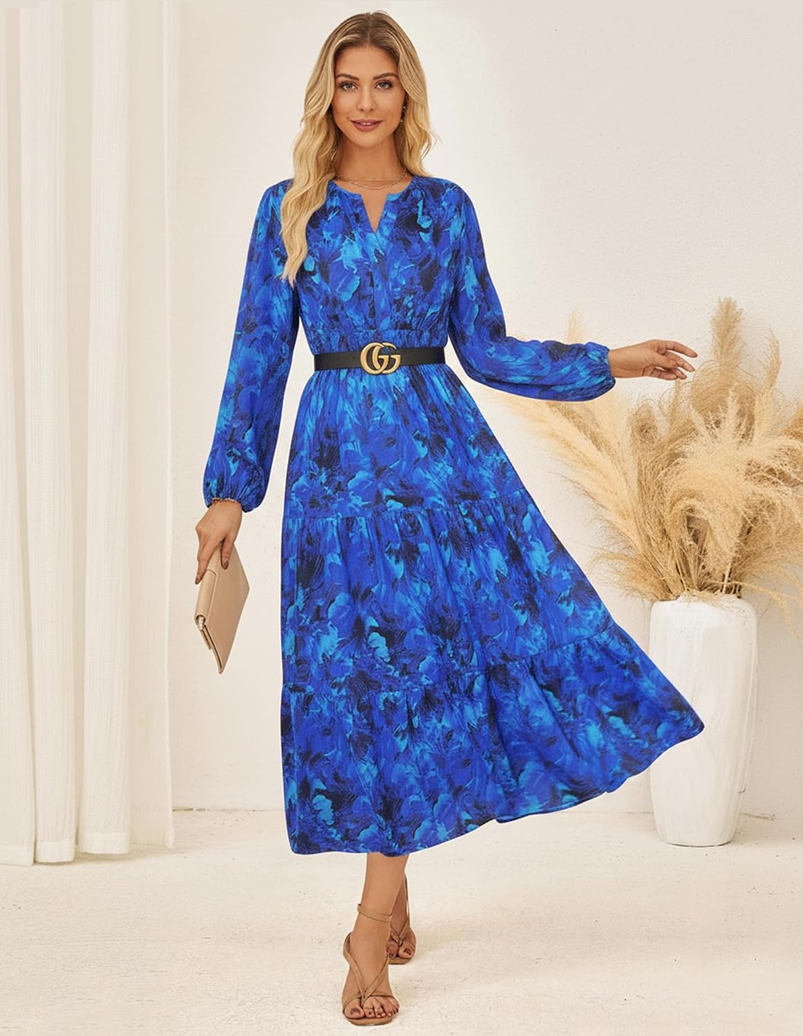 image:imageGRACE KARIN Womens Fall Long Sleeve Maxi Dress 2026 FloralV Neck Boho A Line FlowyPocketsFall Outfits for CasualWedding GuestVacationTravelDateRoyalblue Floral