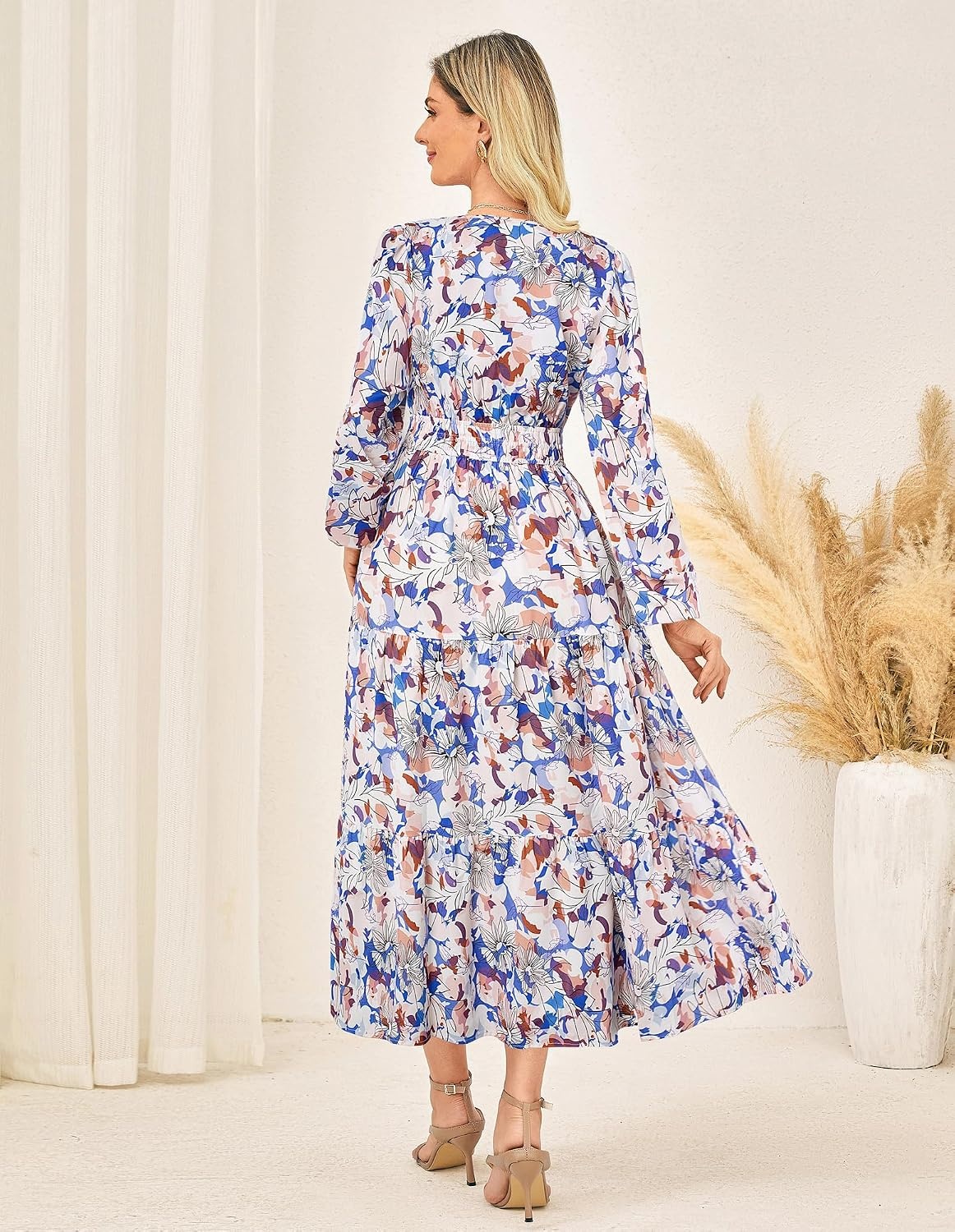 image:imageGRACE KARIN Womens Fall Long Sleeve Maxi Dress 2026 FloralV Neck Boho A Line FlowyPocketsFall Outfits for CasualWedding GuestVacationTravelDateSkybule White Floral