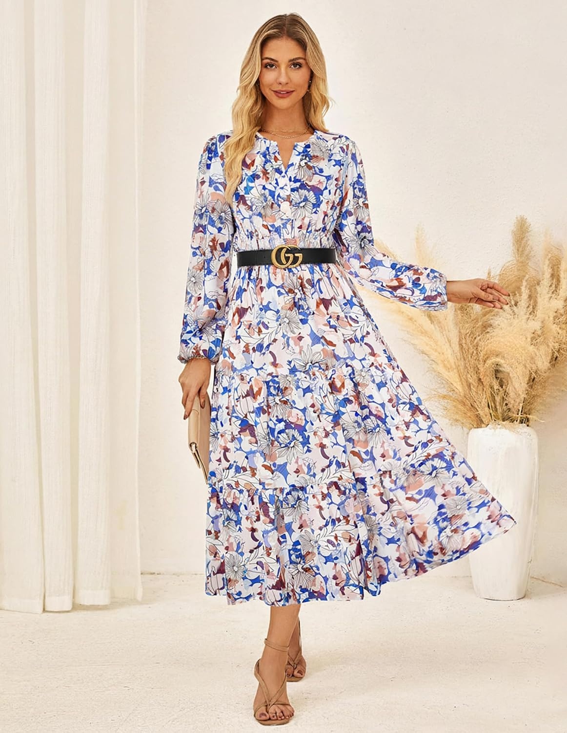 image:imageGRACE KARIN Womens Fall Long Sleeve Maxi Dress 2026 FloralV Neck Boho A Line FlowyPocketsFall Outfits for CasualWedding GuestVacationTravelDateSkybule White Floral