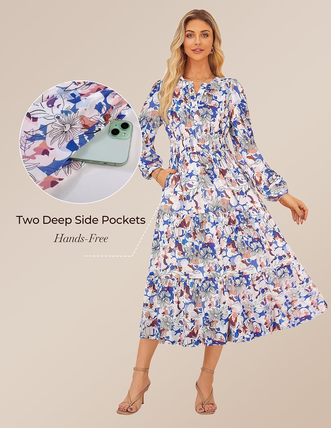 image:imageGRACE KARIN Womens Fall Long Sleeve Maxi Dress 2026 FloralV Neck Boho A Line FlowyPocketsFall Outfits for CasualWedding GuestVacationTravelDateSkybule White Floral