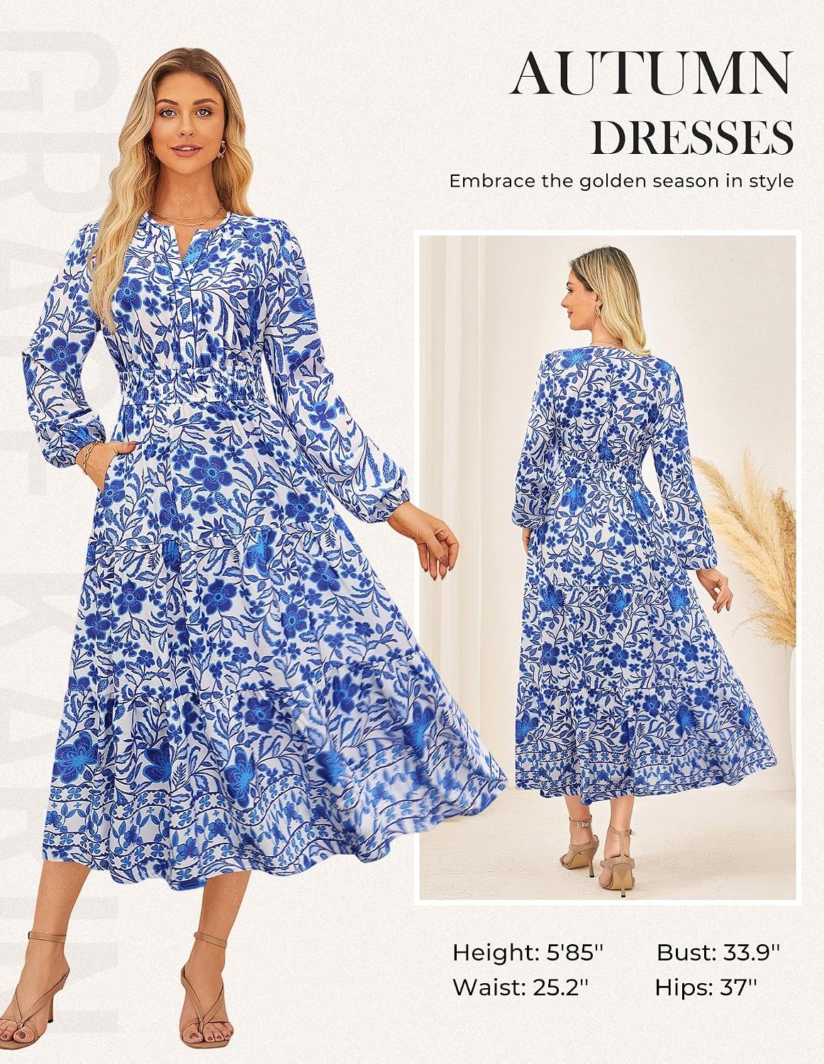 image:imageGRACE KARIN Womens Fall Long Sleeve Maxi Dress 2026 FloralV Neck Boho A Line FlowyPocketsFall Outfits for CasualWedding GuestVacationTravelDateWhite Blue Floral