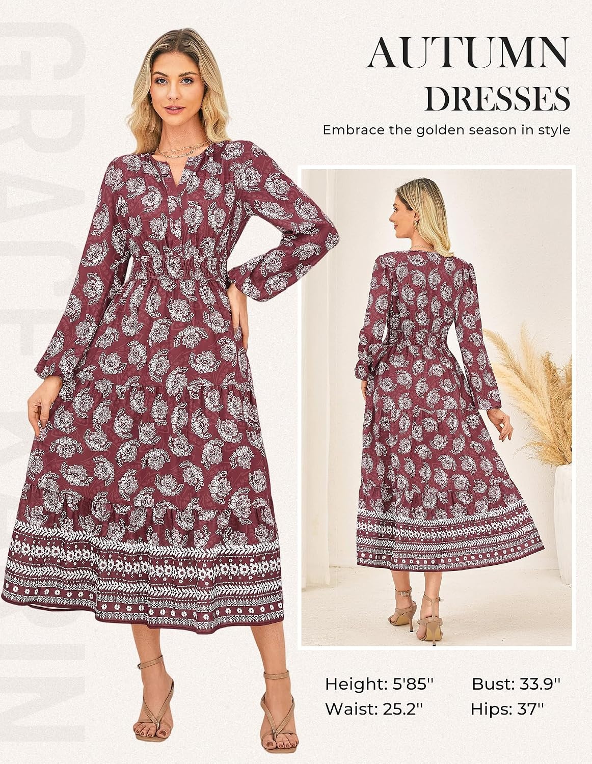 image:imageGRACE KARIN Womens Fall Long Sleeve Maxi Dress 2026 FloralV Neck Boho A Line FlowyPocketsFall Outfits for CasualWedding GuestVacationTravelDateWine Red