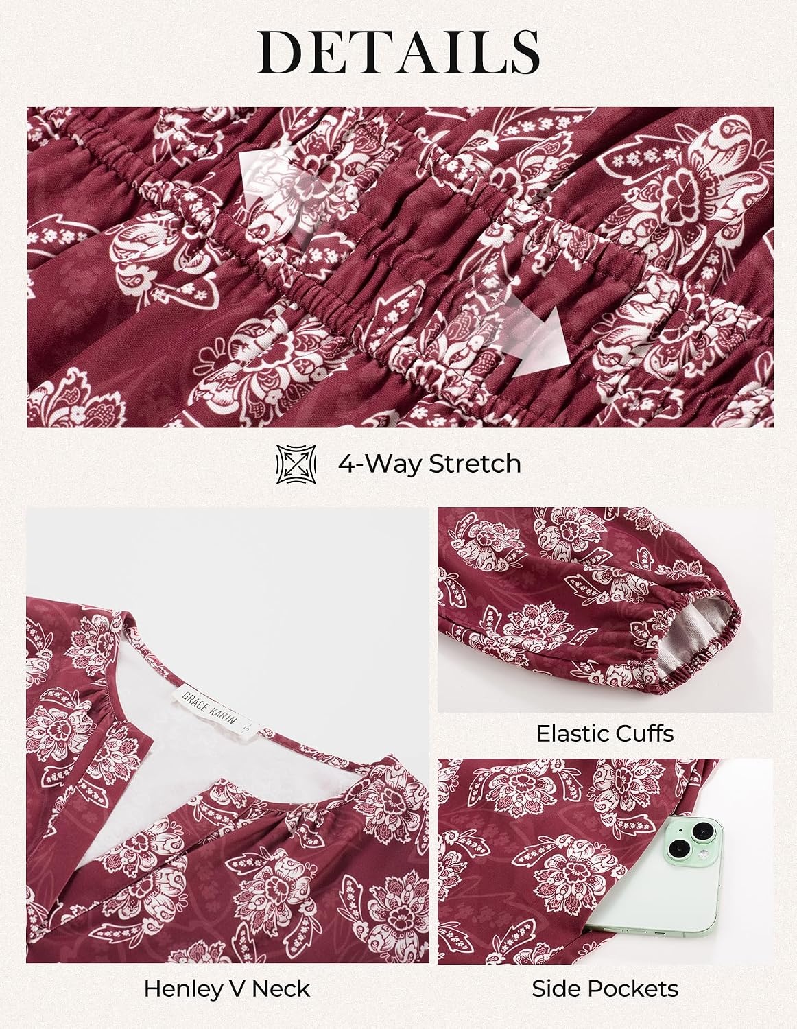 image:imageGRACE KARIN Womens Fall Long Sleeve Maxi Dress 2026 FloralV Neck Boho A Line FlowyPocketsFall Outfits for CasualWedding GuestVacationTravelDateWine Red