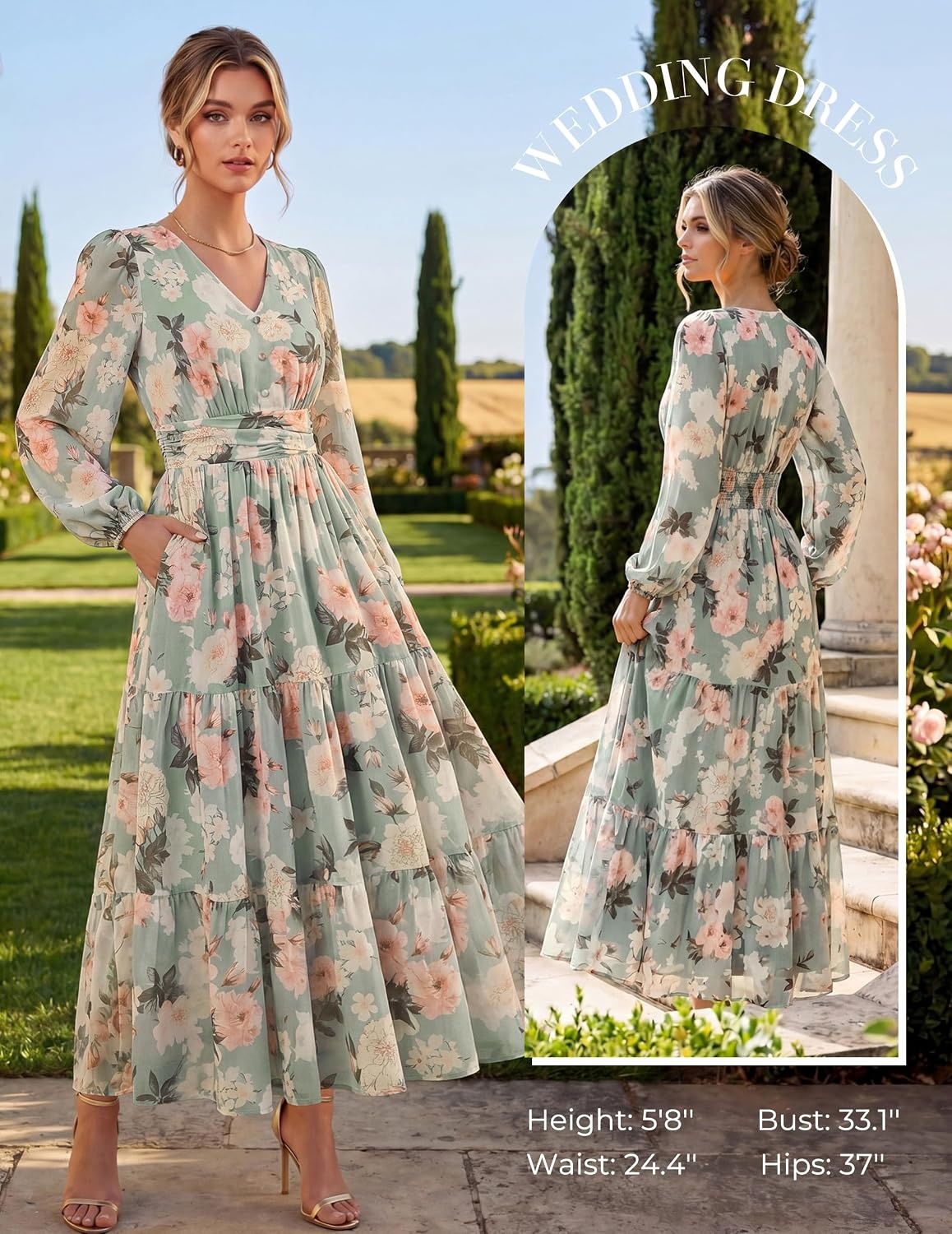 image:imageGRACE KARIN Womens Floral Maxi Dress Long Sleeve Wedding Guest Dresses V NeckFit and FlareA LinePocketSmockingEleganceSuitable for Fall Spring Summer Semiformal Tea Party Casual OutfitGreen With Pink Yellow Flowers