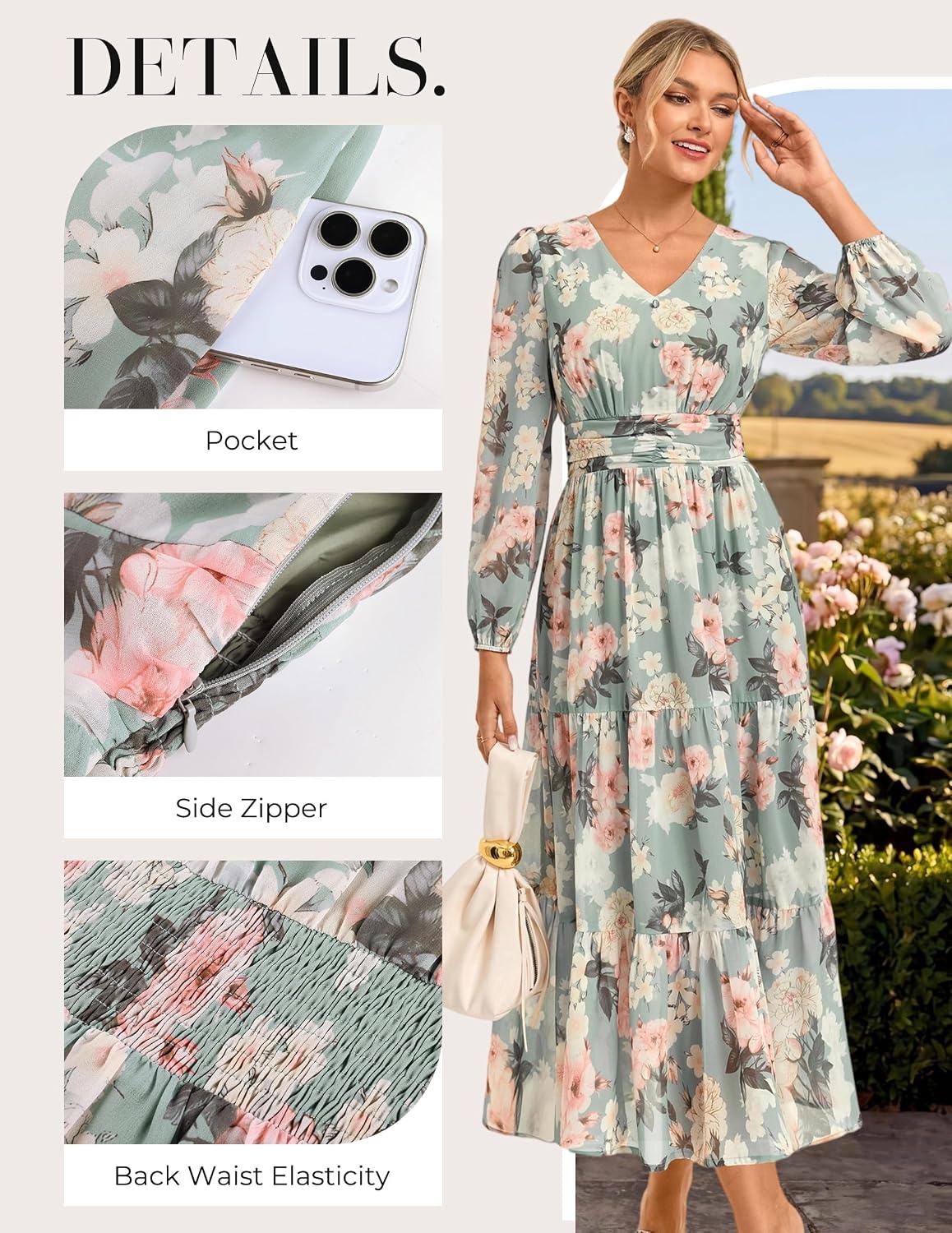 image:imageGRACE KARIN Womens Floral Maxi Dress Long Sleeve Wedding Guest Dresses V NeckFit and FlareA LinePocketSmockingEleganceSuitable for Fall Spring Summer Semiformal Tea Party Casual OutfitGreen With Pink Yellow Flowers