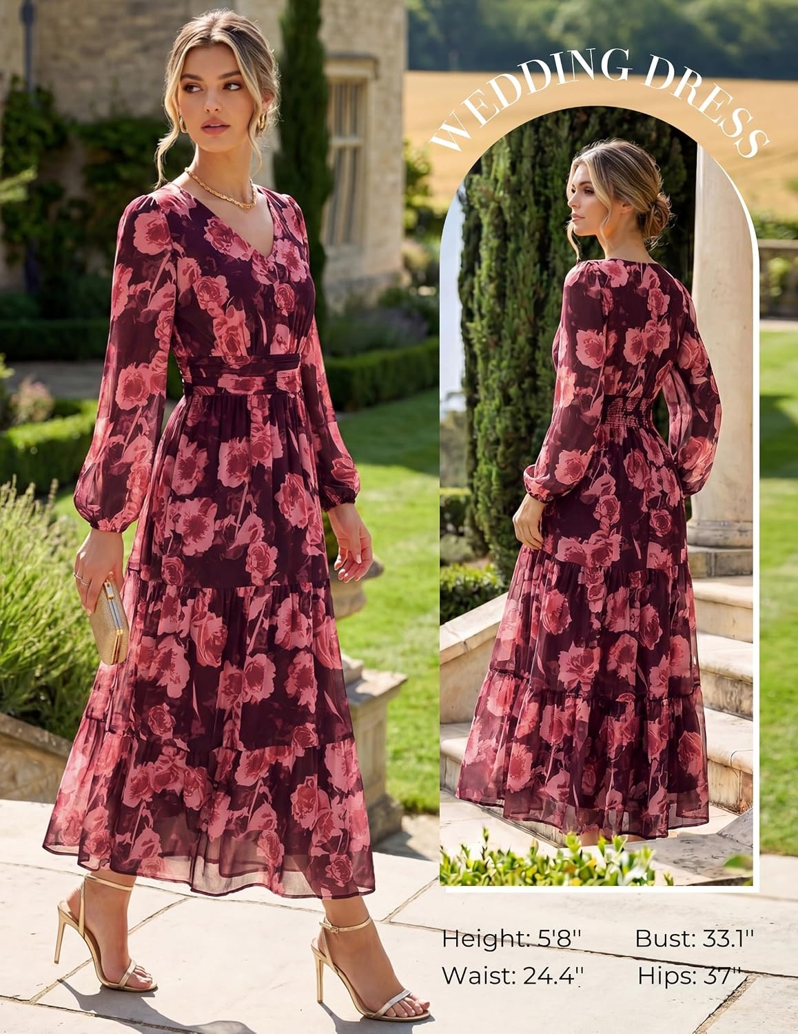 image:imageGRACE KARIN Womens Floral Maxi Dress Long Sleeve Wedding Guest Dresses V NeckFit and FlareA LinePocketSmockingEleganceSuitable for Fall Spring Summer Semiformal Tea Party Casual OutfitDark Red With Red Flowers