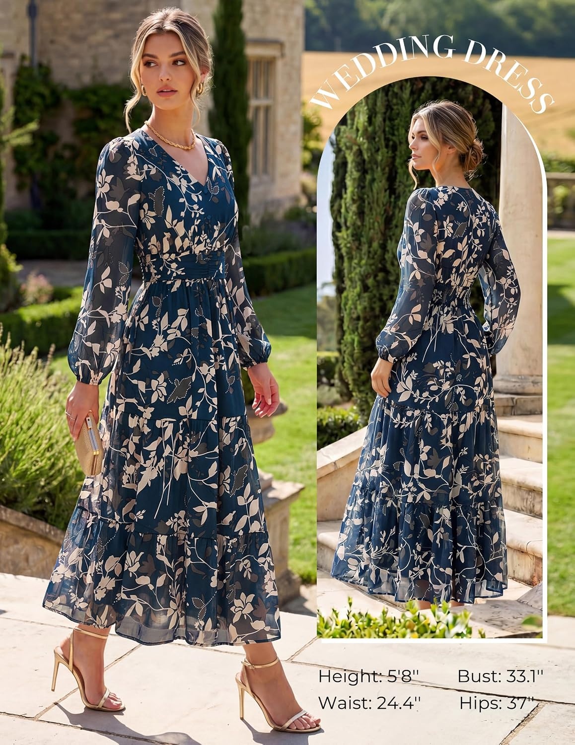 image:imageGRACE KARIN Womens Floral Maxi Dress Long Sleeve Wedding Guest Dresses V NeckFit and FlareA LinePocketSmockingEleganceSuitable for Fall Spring Summer Semiformal Tea Party Casual OutfitDark Blue Green With Rice Leaves