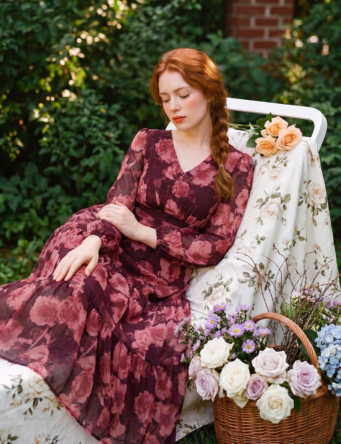 image:imageGRACE KARIN Womens Floral Maxi Dress Long Sleeve Wedding Guest Dresses V NeckFit and FlareA LinePocketSmockingEleganceSuitable for Fall Spring Summer Semiformal Tea Party Casual OutfitDark Red With Red Flowers