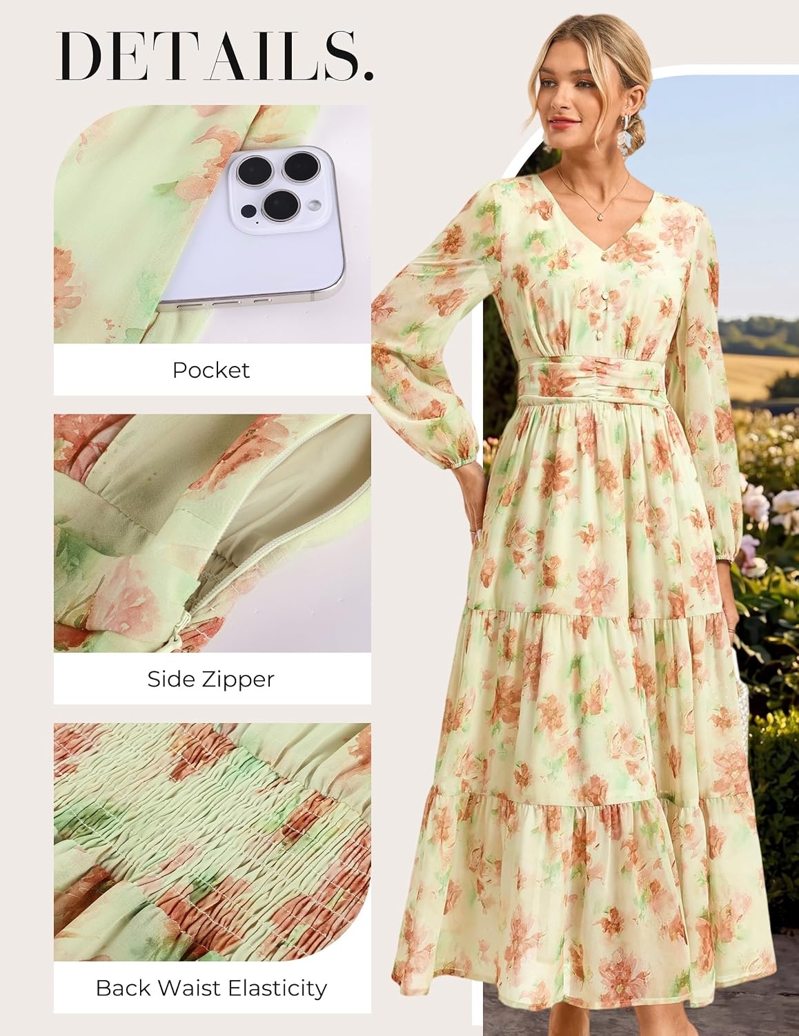 image:imageGRACE KARIN Womens Floral Maxi Dress Long Sleeve Wedding Guest Dresses V NeckFit and FlareA LinePocketSmockingEleganceSuitable for Fall Spring Summer Semiformal Tea Party Casual OutfitRice With Orange Flowers