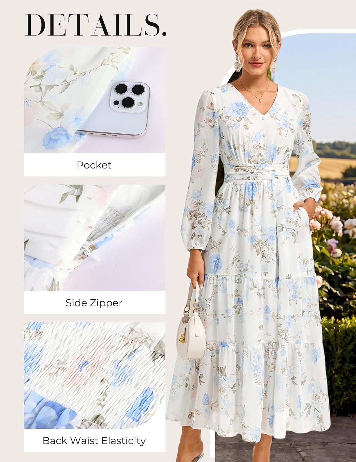 image:imageGRACE KARIN Womens Floral Maxi Dress Long Sleeve Wedding Guest Dresses V NeckFit and FlareA LinePocketSmockingEleganceSuitable for Fall Spring Summer Semiformal Tea Party Casual OutfitWhite With Light Blue Flowers