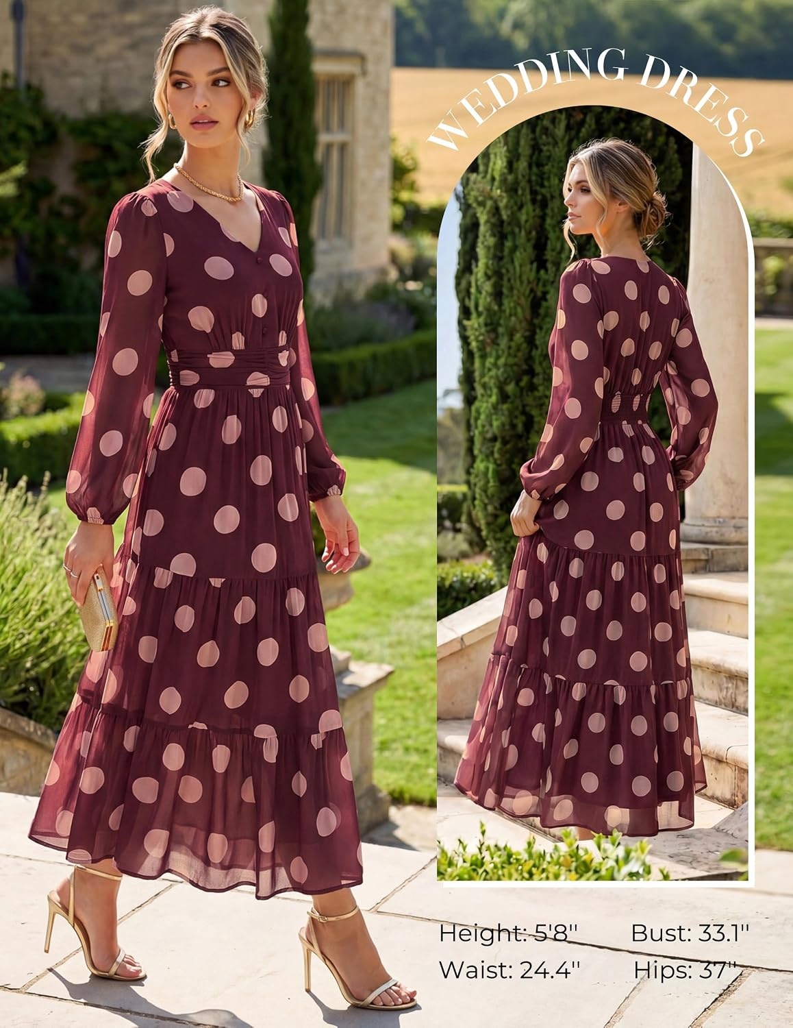 image:imageGRACE KARIN Womens Floral Maxi Dress Long Sleeve Wedding Guest Dresses V NeckFit and FlareA LinePocketSmockingEleganceSuitable for Fall Spring Summer Semiformal Tea Party Casual OutfitRed Brown With Beige Polka Dots