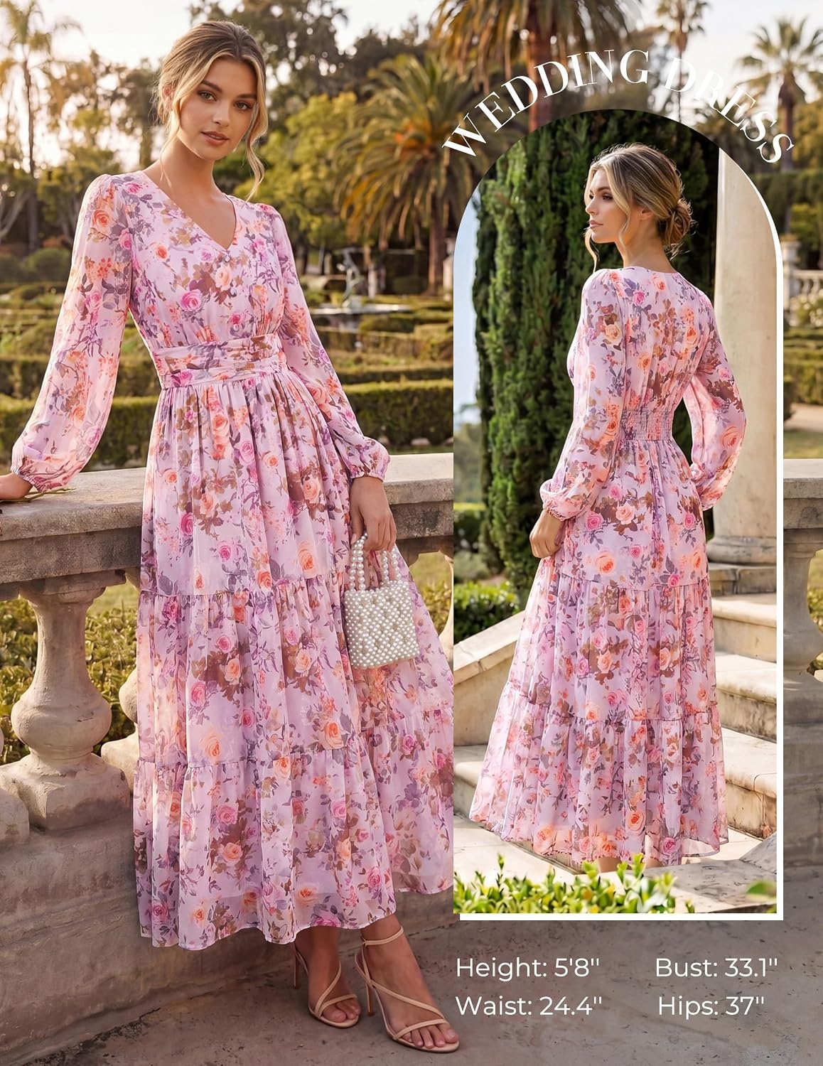 image:imageGRACE KARIN Womens Floral Maxi Dress Long Sleeve Wedding Guest Dresses V NeckFit and FlareA LinePocketSmockingEleganceSuitable for Fall Spring Summer Semiformal Tea Party Casual OutfitPurple With Delicate Floral