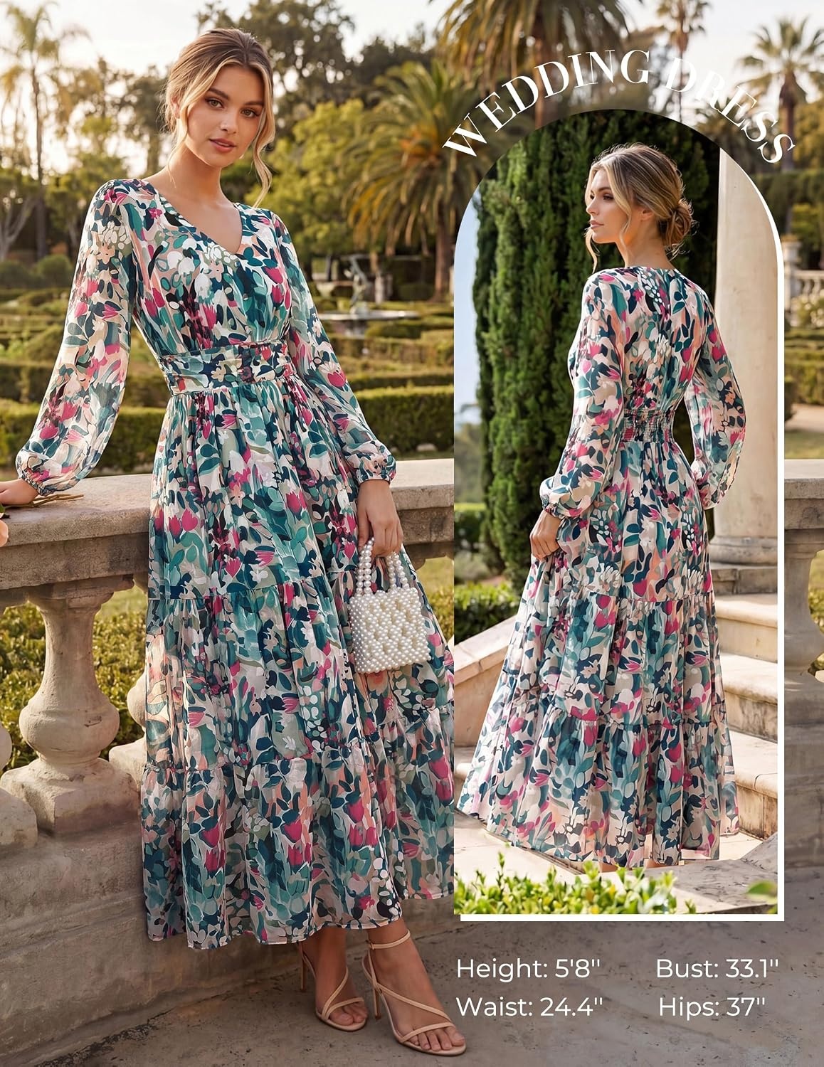image:imageGRACE KARIN Womens Floral Maxi Dress Long Sleeve Wedding Guest Dresses V NeckFit and FlareA LinePocketSmockingEleganceSuitable for Fall Spring Summer Semiformal Tea Party Casual OutfitDense Dark Green Flowers