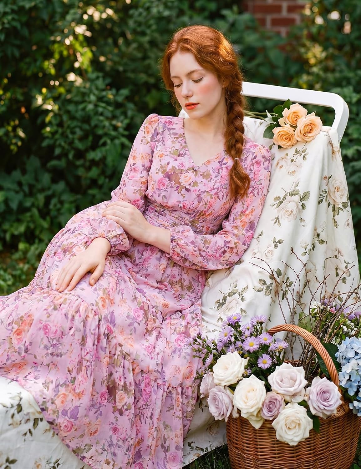 image:imageGRACE KARIN Womens Floral Maxi Dress Long Sleeve Wedding Guest Dresses V NeckFit and FlareA LinePocketSmockingEleganceSuitable for Fall Spring Summer Semiformal Tea Party Casual OutfitPurple With Delicate Floral