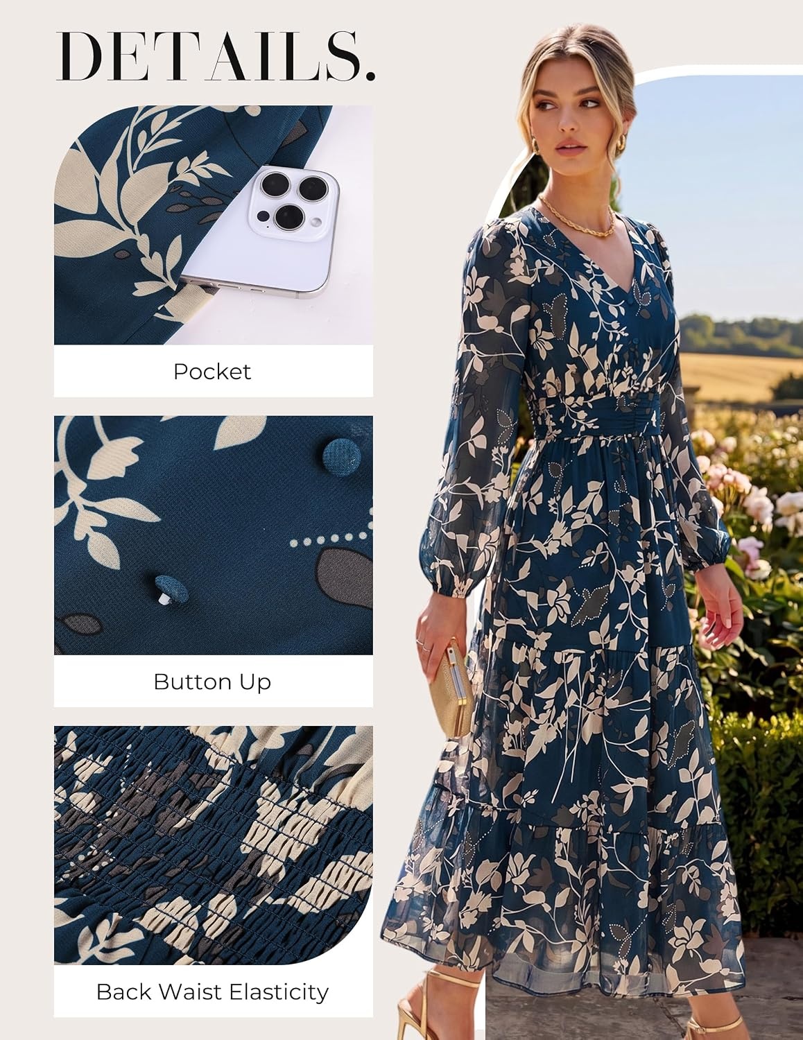 image:imageGRACE KARIN Womens Floral Maxi Dress Long Sleeve Wedding Guest Dresses V NeckFit and FlareA LinePocketSmockingEleganceSuitable for Fall Spring Summer Semiformal Tea Party Casual OutfitDark Blue Green With Rice Leaves