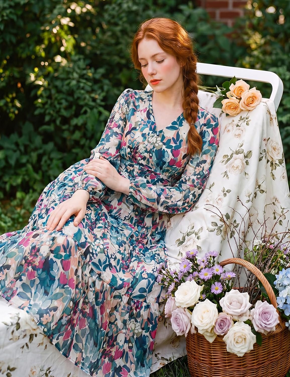 image:imageGRACE KARIN Womens Floral Maxi Dress Long Sleeve Wedding Guest Dresses V NeckFit and FlareA LinePocketSmockingEleganceSuitable for Fall Spring Summer Semiformal Tea Party Casual OutfitDense Dark Green Flowers