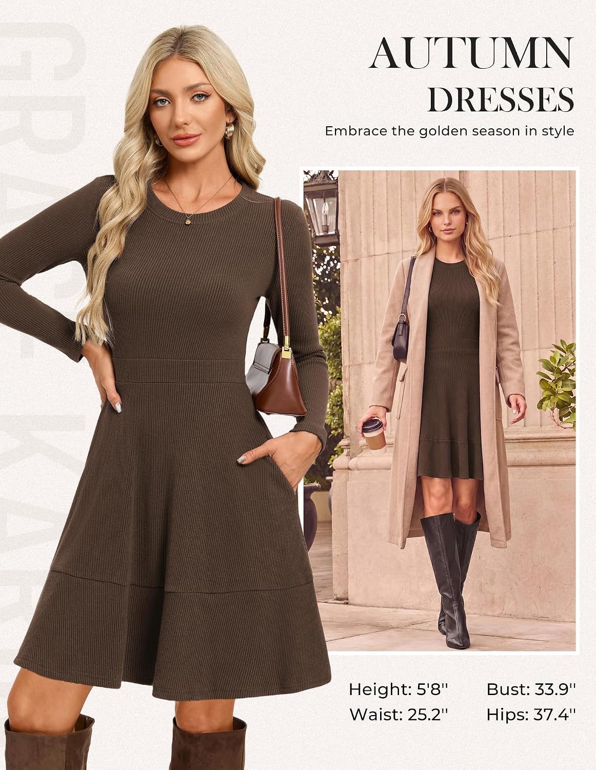 image:imageGRACE KARIN Womens Long Sleeve Ribbed Knit Mini Sweater Dress with Pockets Stretchy Fit Cozy Warm Lightweight Side Pockets Tiered hem Western Style Boots PairingBrown