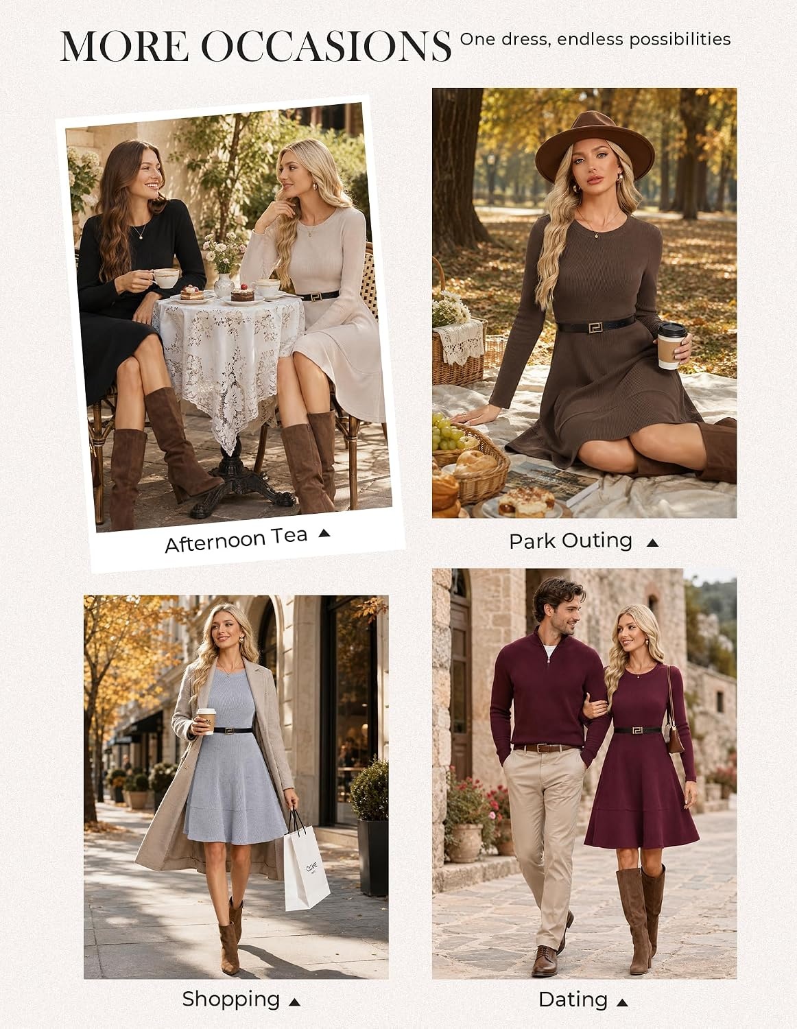 image:imageGRACE KARIN Womens Long Sleeve Ribbed Knit Mini Sweater Dress with Pockets Stretchy Fit Cozy Warm Lightweight Side Pockets Tiered hem Western Style Boots PairingBeige