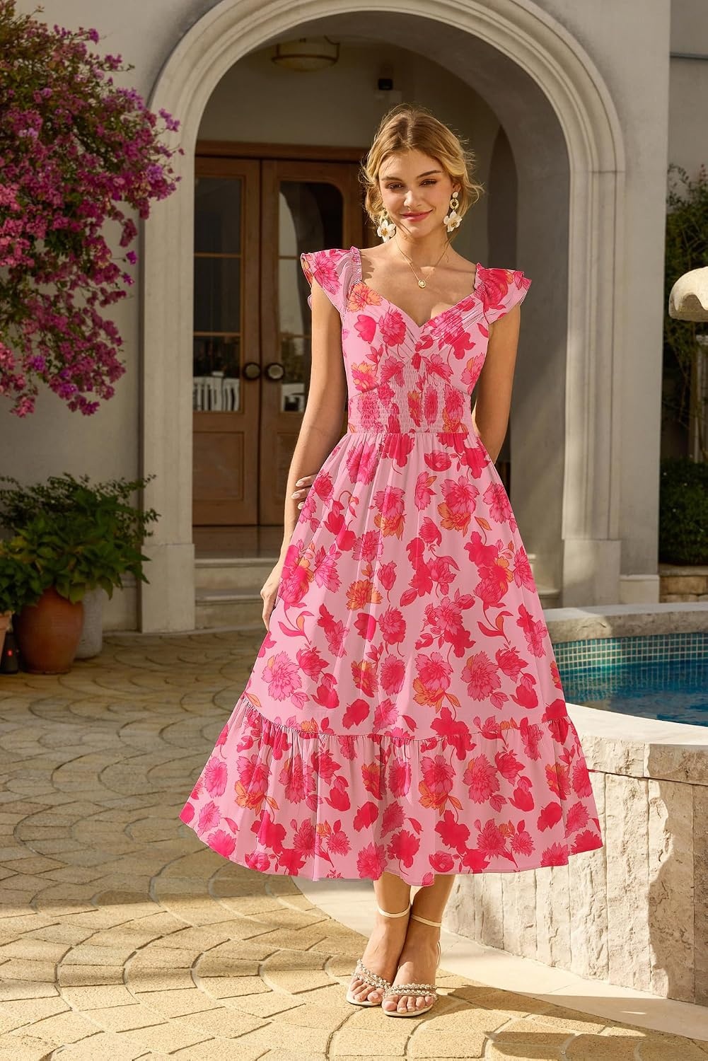 image:imageGRACE KARIN Womens Summer Floral Maxi Wedding Guest Dresses Flowy a Line Long DressRuffle Sleeve Smocked Sundress with PocketGarden PartySemi FormalBeach Vacation OutfitsRed Floral