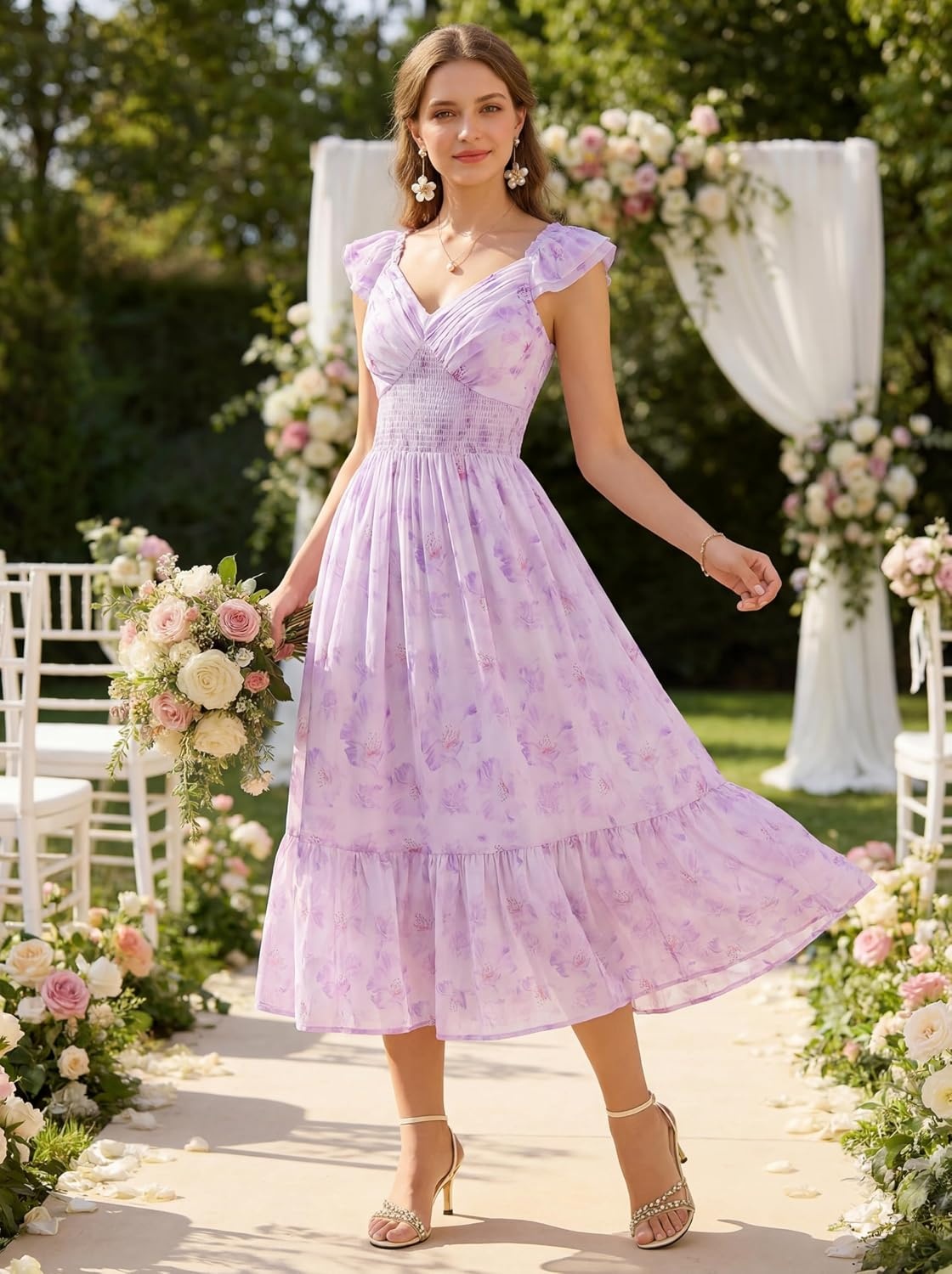 image:imageGRACE KARIN Womens Summer Floral Maxi Wedding Guest Dresses Flowy a Line Long DressRuffle Sleeve Smocked Sundress with PocketGarden PartySemi FormalBeach Vacation OutfitsLavender Floral