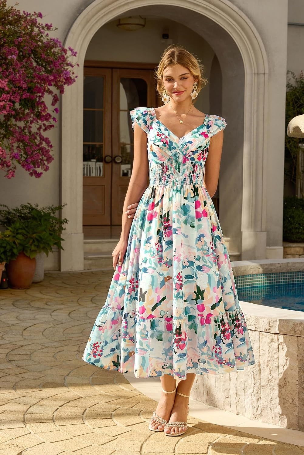 image:imageGRACE KARIN Womens Summer Floral Maxi Wedding Guest Dresses Flowy a Line Long DressRuffle Sleeve Smocked Sundress with PocketGarden PartySemi FormalBeach Vacation OutfitsMulticolor