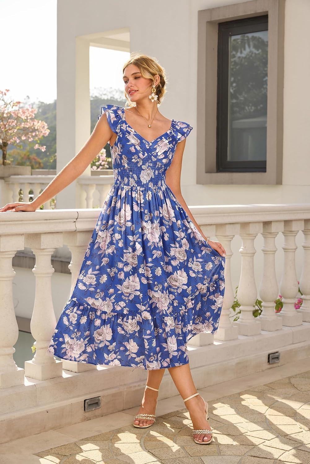 image:imageGRACE KARIN Womens Summer Floral Maxi Wedding Guest Dresses Flowy a Line Long DressRuffle Sleeve Smocked Sundress with PocketGarden PartySemi FormalBeach Vacation OutfitsDark Blue