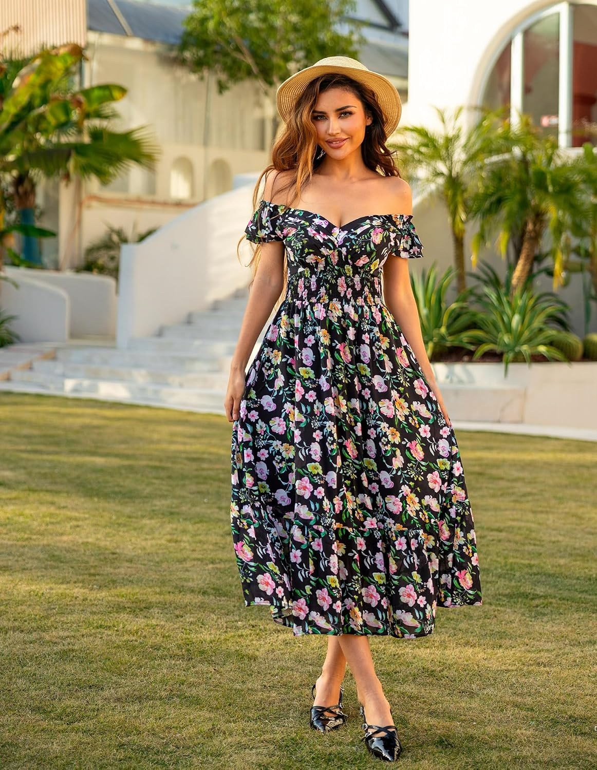 image:imageGRACE KARIN Womens Summer Floral Maxi Wedding Guest Dresses Flowy a Line Long DressRuffle Sleeve Smocked Sundress with PocketGarden PartySemi FormalBeach Vacation OutfitsBlack Flower