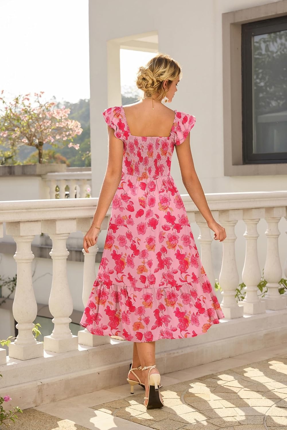 image:imageGRACE KARIN Womens Summer Floral Maxi Wedding Guest Dresses Flowy a Line Long DressRuffle Sleeve Smocked Sundress with PocketGarden PartySemi FormalBeach Vacation OutfitsRed Floral