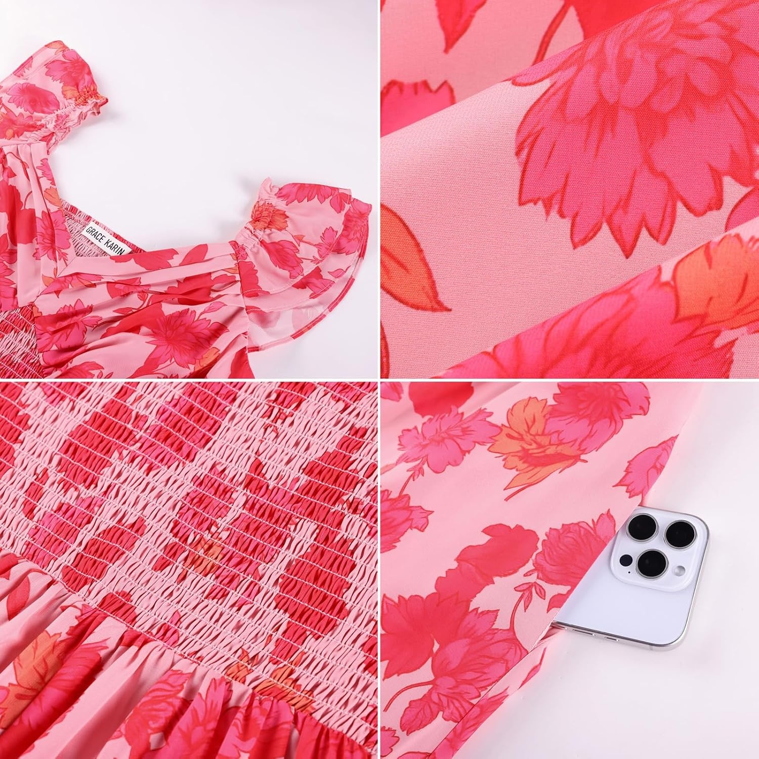 image:imageGRACE KARIN Womens Summer Floral Maxi Wedding Guest Dresses Flowy a Line Long DressRuffle Sleeve Smocked Sundress with PocketGarden PartySemi FormalBeach Vacation OutfitsRed Floral