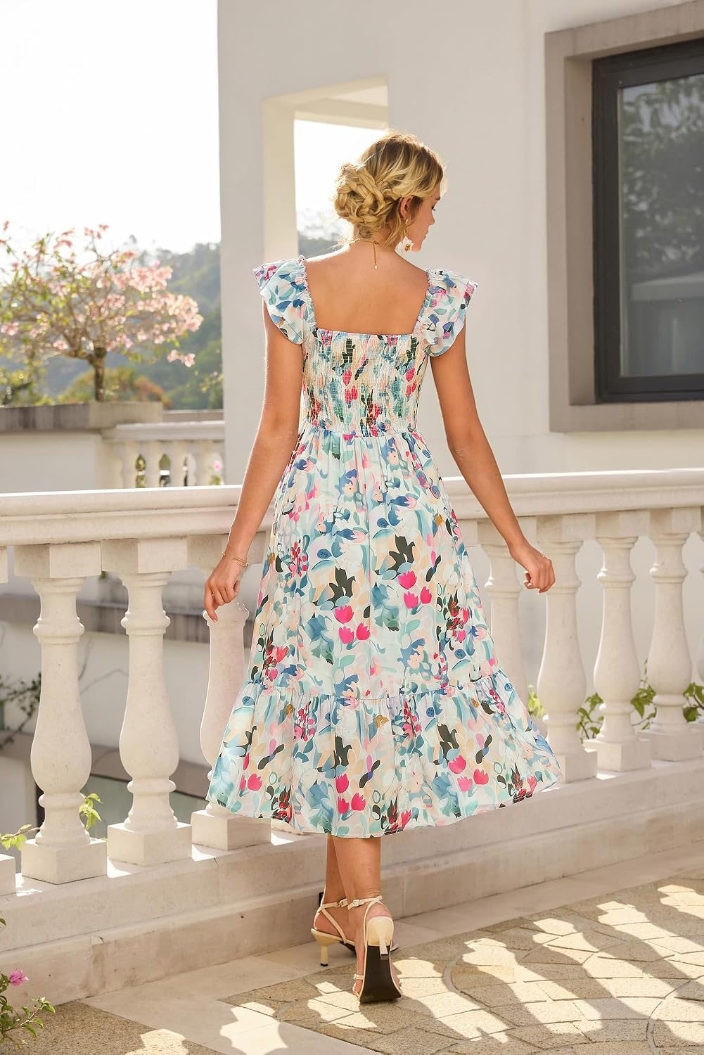 image:imageGRACE KARIN Womens Summer Floral Maxi Wedding Guest Dresses Flowy a Line Long DressRuffle Sleeve Smocked Sundress with PocketGarden PartySemi FormalBeach Vacation OutfitsMulticolor