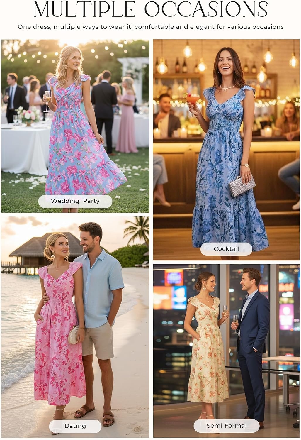 image:imageGRACE KARIN Womens Summer Floral Maxi Wedding Guest Dresses Flowy a Line Long DressRuffle Sleeve Smocked Sundress with PocketGarden PartySemi FormalBeach Vacation OutfitsBlue Pink