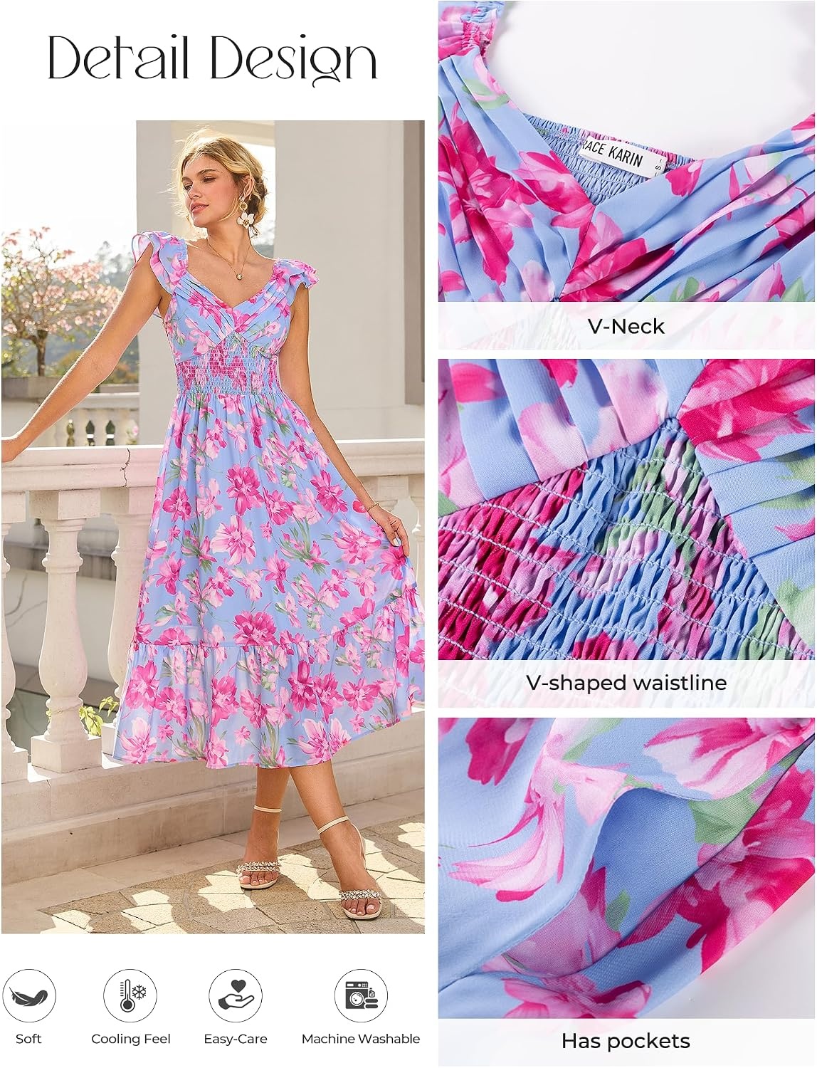 image:imageGRACE KARIN Womens Summer Floral Maxi Wedding Guest Dresses Flowy a Line Long DressRuffle Sleeve Smocked Sundress with PocketGarden PartySemi FormalBeach Vacation OutfitsBlue Pink