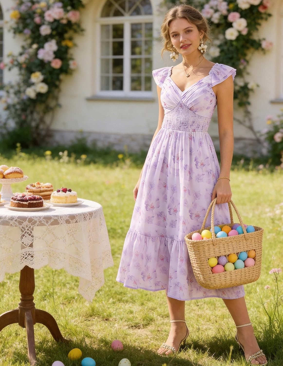 image:imageGRACE KARIN Womens Summer Floral Maxi Wedding Guest Dresses Flowy a Line Long DressRuffle Sleeve Smocked Sundress with PocketGarden PartySemi FormalBeach Vacation OutfitsLavender Floral