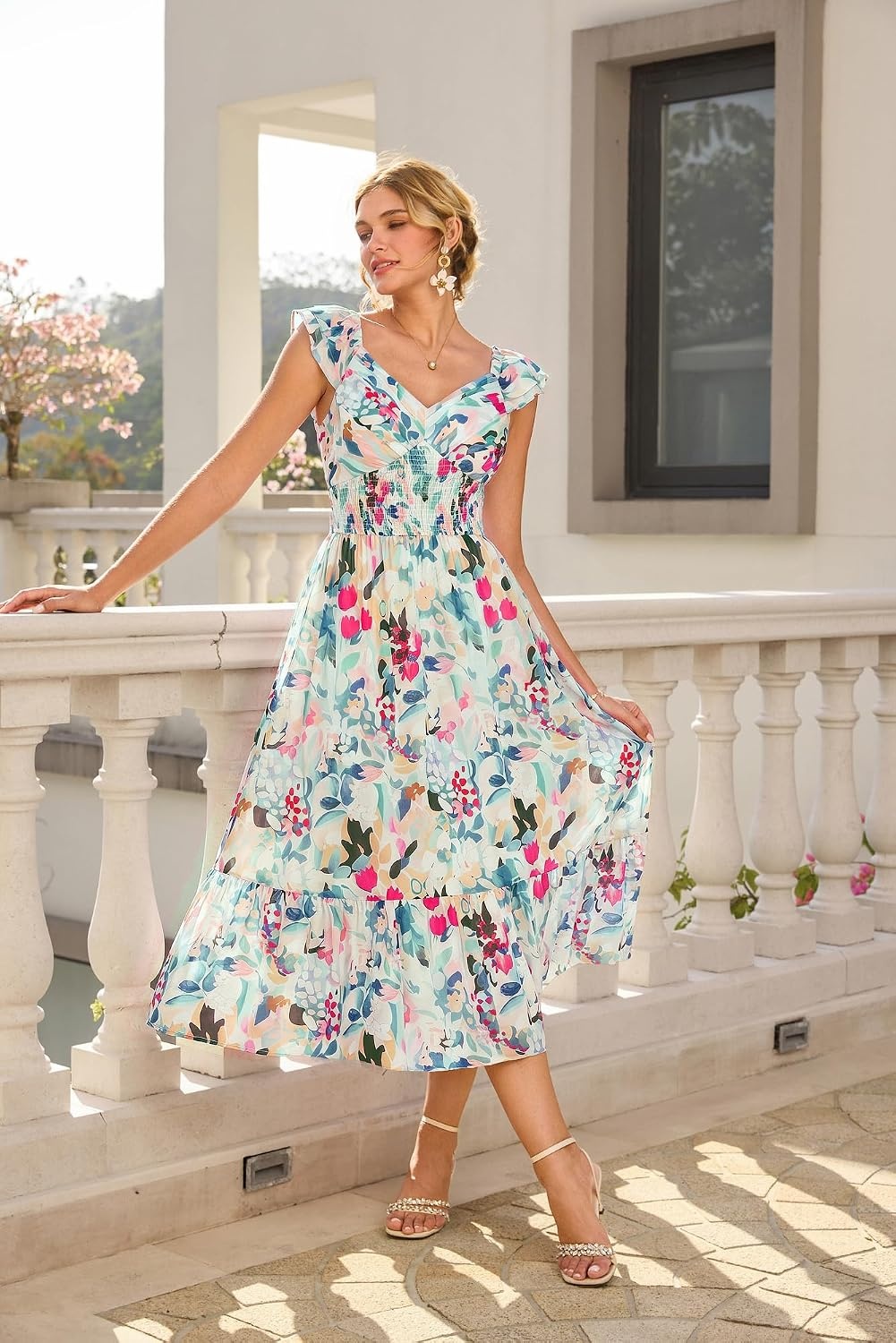 image:imageGRACE KARIN Womens Summer Floral Maxi Wedding Guest Dresses Flowy a Line Long DressRuffle Sleeve Smocked Sundress with PocketGarden PartySemi FormalBeach Vacation OutfitsMulticolor